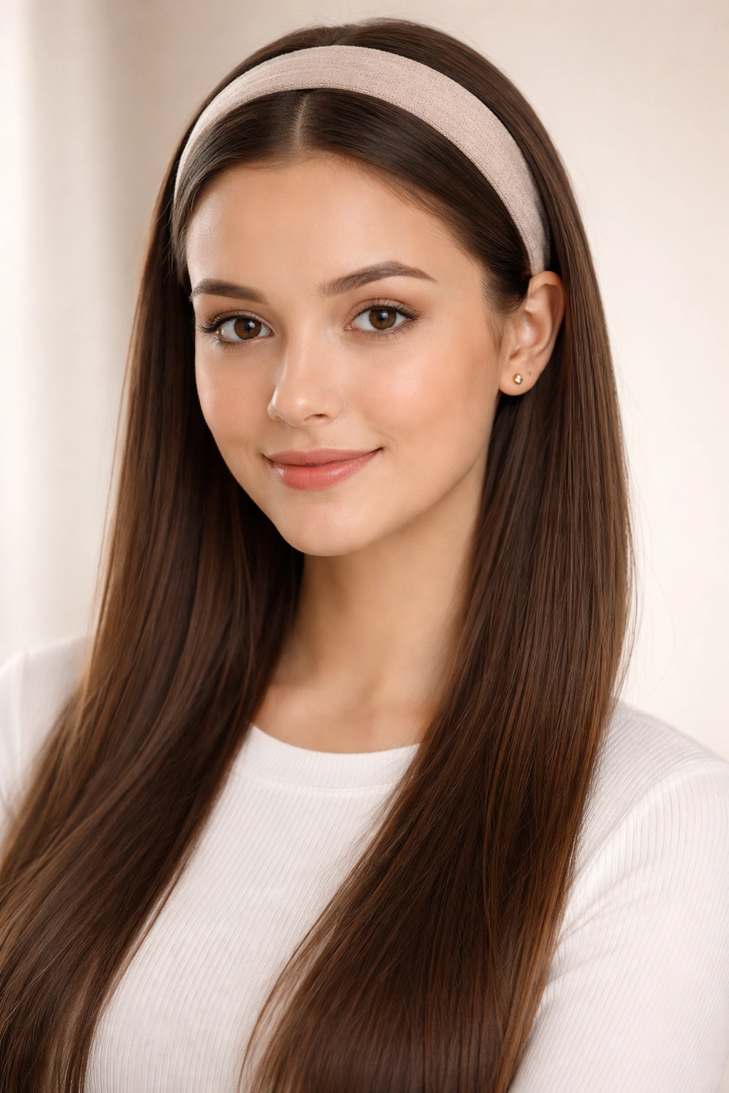 Close-up of straight hair with a fabric headband for a polished school look