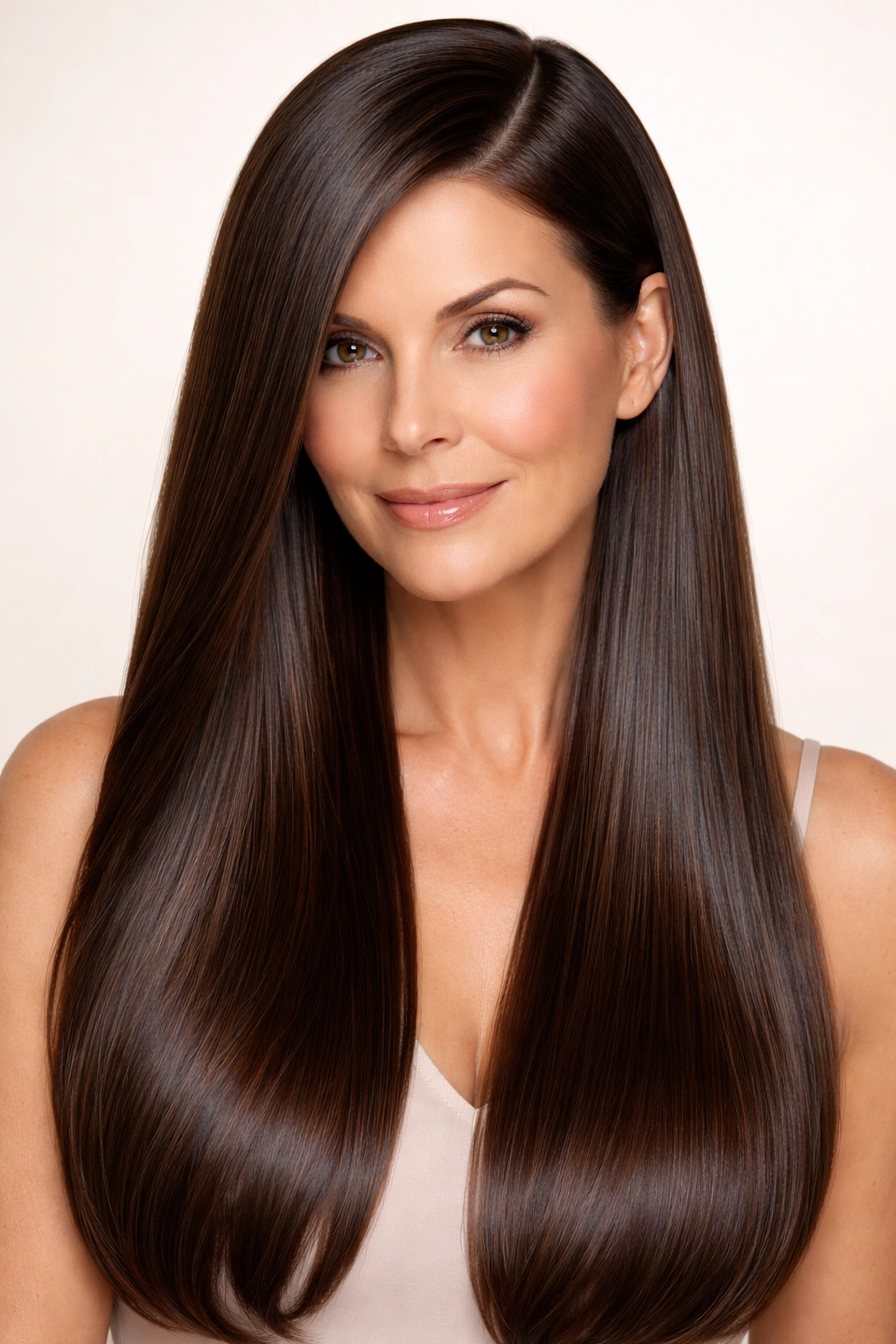 Pin-straight long hair with a deep side part and shine