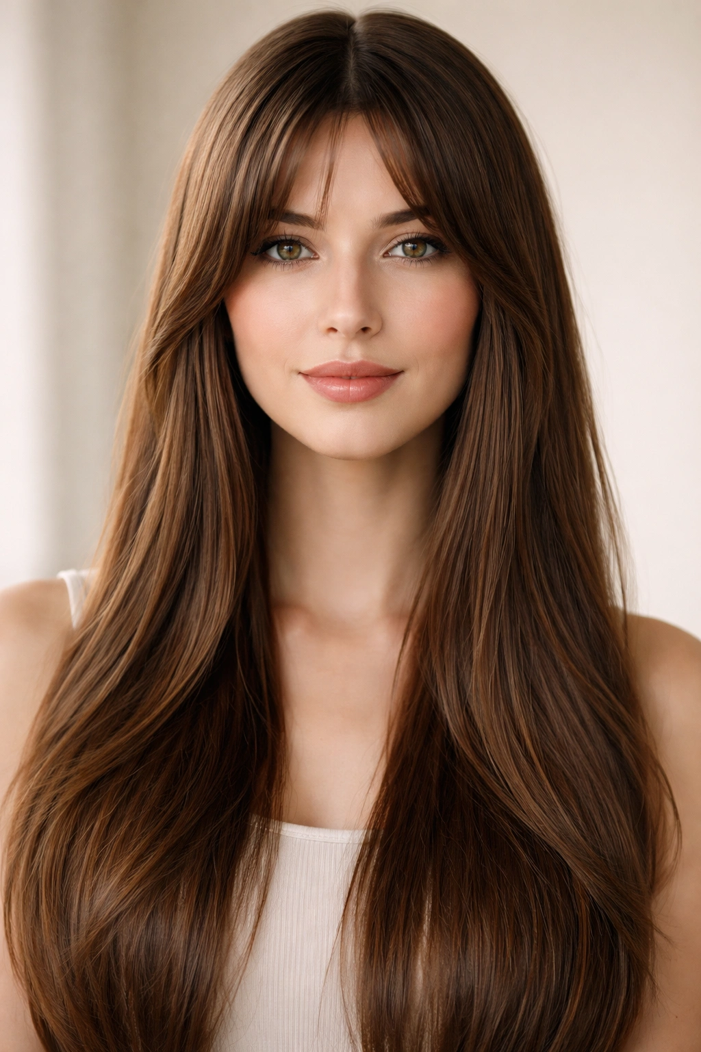 20 Long Face Hairstyles With And Without Bangs 4 Straight hair with middle-part curtain bangs framing the face diagonally