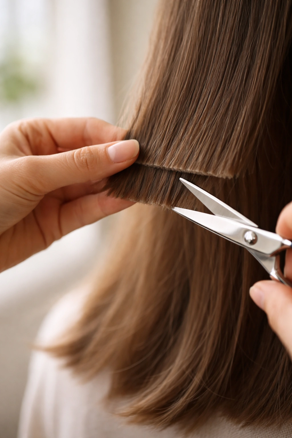 A Step By Step Guide To Trimming Your Own Hair 5 Hands and hair with scissors cutting a straight horizontal line