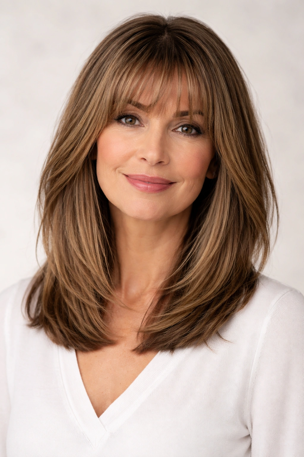 Portrait of a model with a straight lob and soft layered bangs.