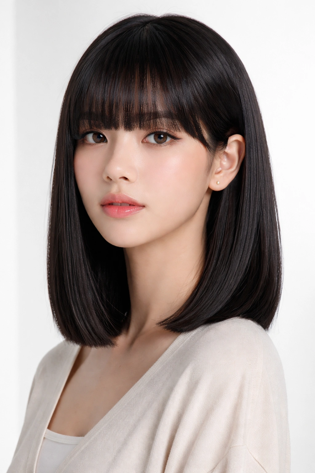 Straight lob with blunt bangs and sharp edge