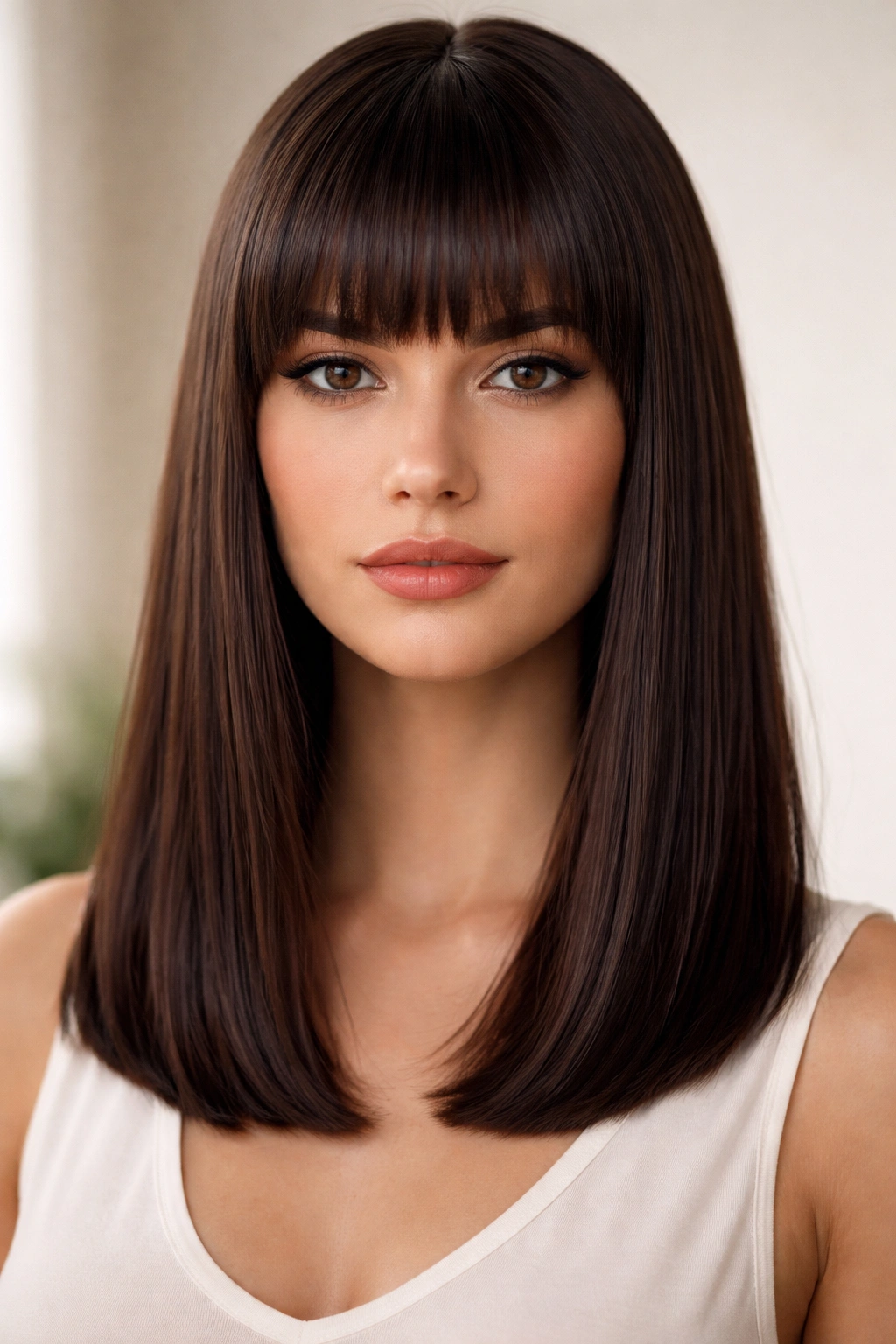 Shoulder-length lob with blunt bangs creating a bold face frame