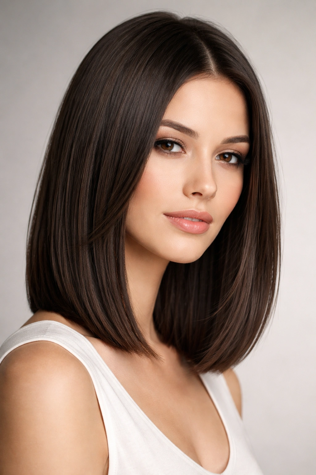 15 Hairstyles That Complement A Longer Face Shape 7 Portrait of Straight Lob with Blunt Layers hairstyle showing blunt ends and chin-to-shoulder length