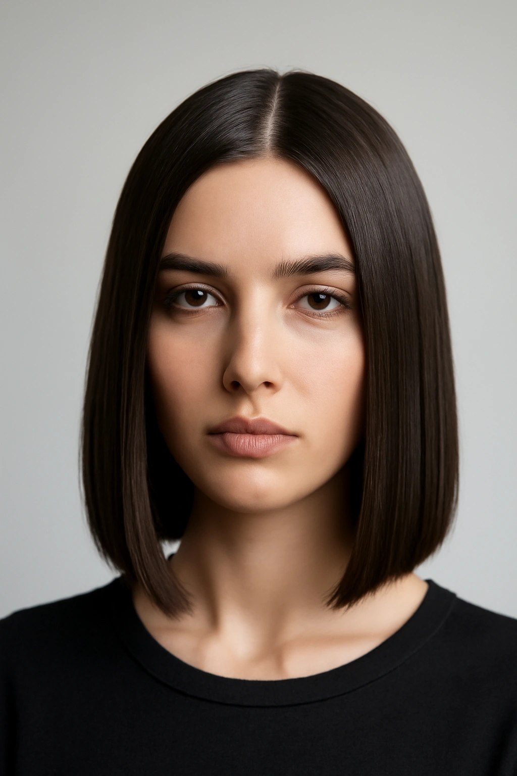 25 Medium Haircuts You’ll Want to Try Immediately 21 Sleek straight lob with center part on a model in studio