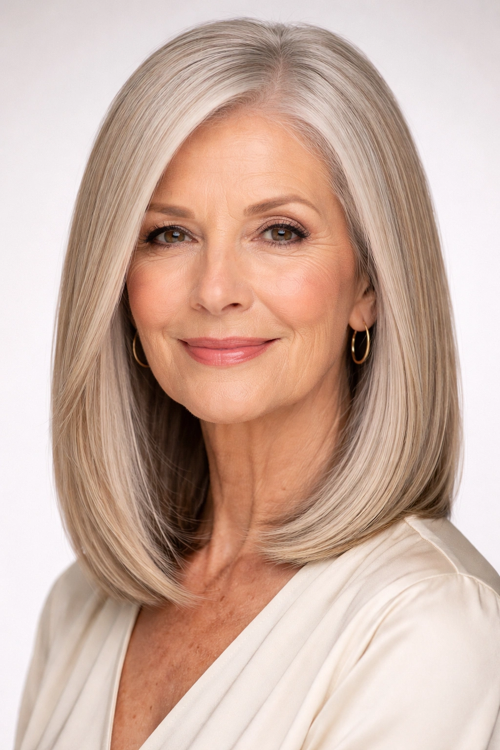 Close-up of straight lob with minimal layers and glossy finish.