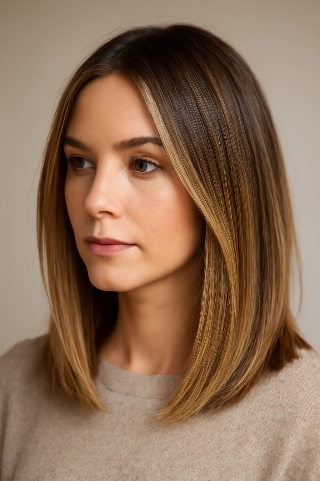 12 Medium Length Balayage Haircuts That Look Amazing 4 Straight shoulder-length hair with sun-kissed balayage framing the face.