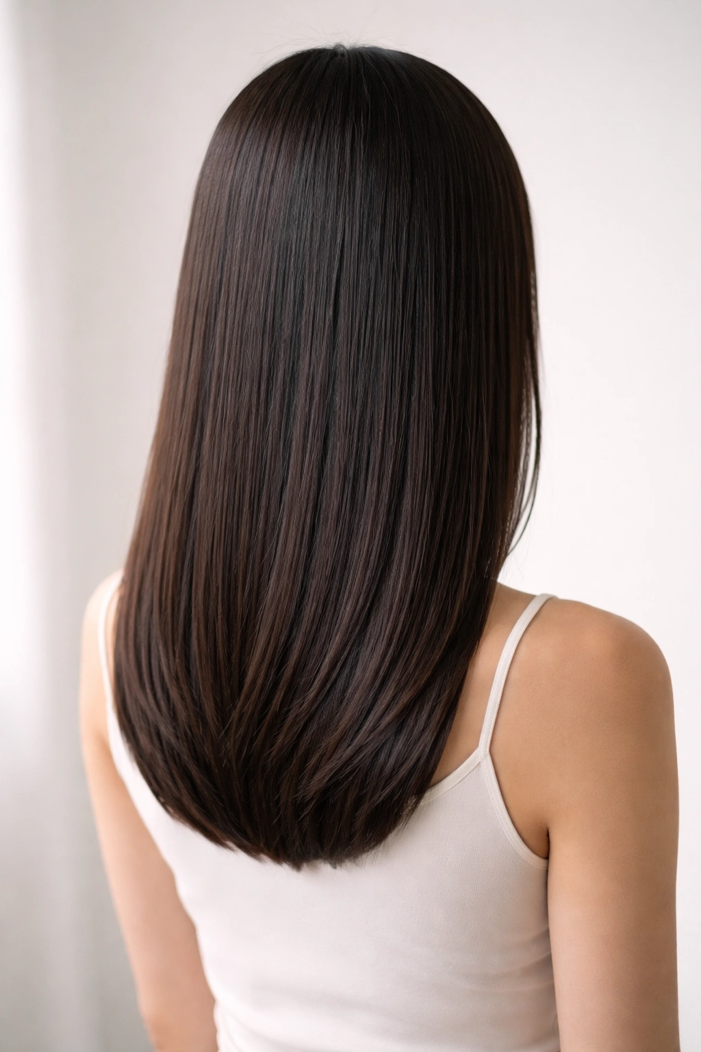 Back view of straight midi hair showing mid-back length