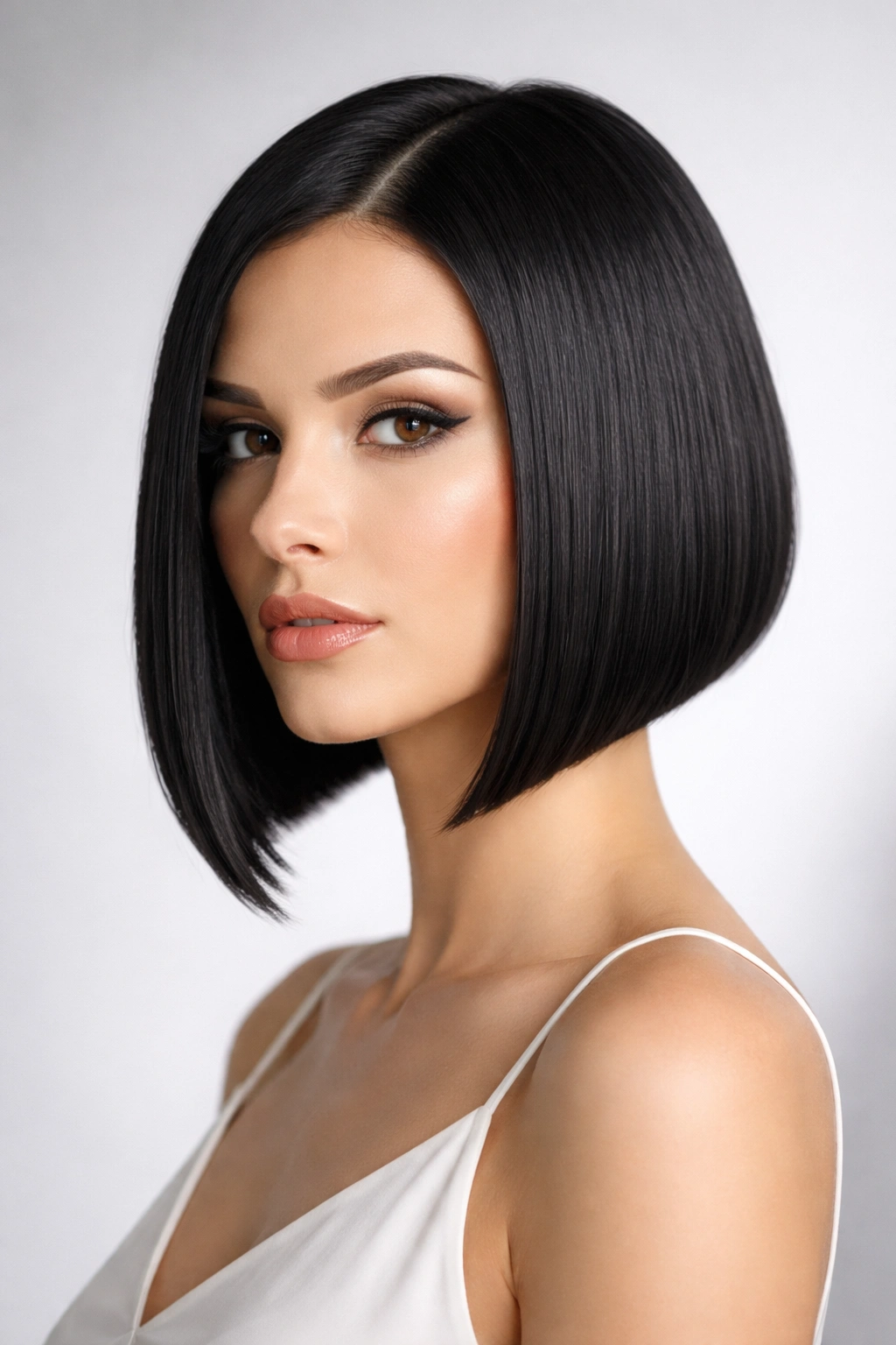 Polished pin-straight inverted bob with a crisp, glossy finish