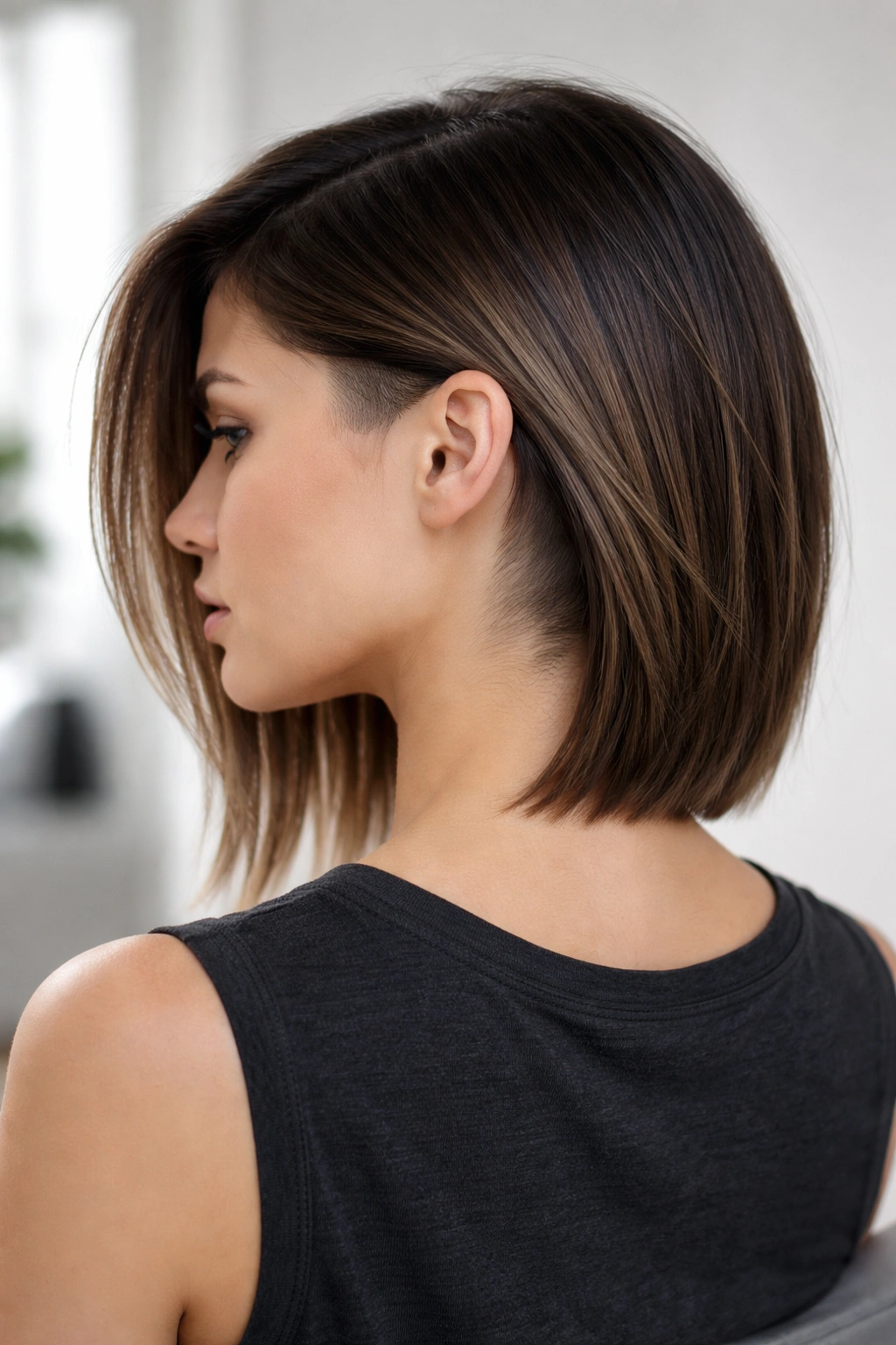 Model with an undercut at the nape showing sharp razor texture on straight hair.