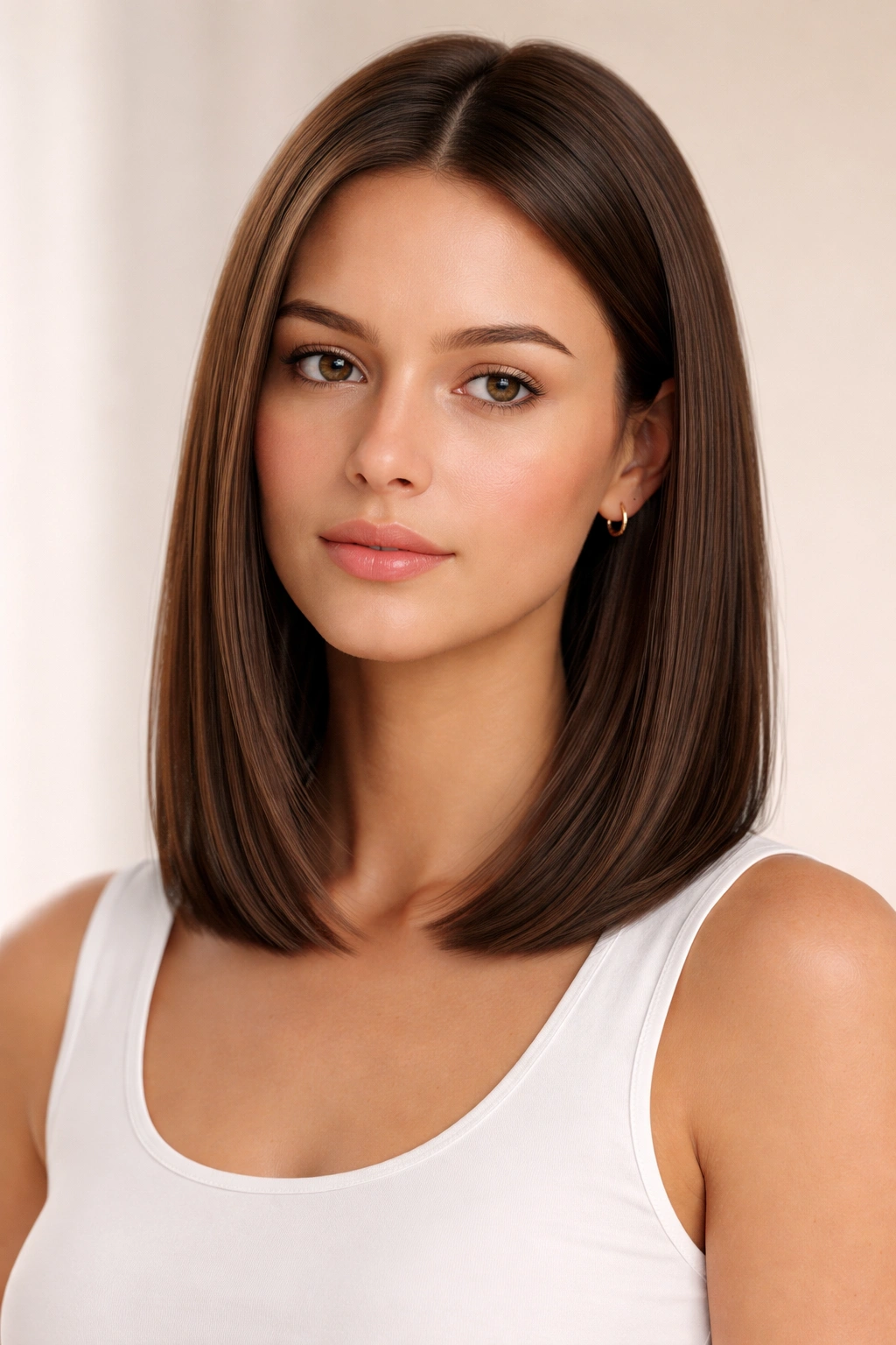 Straight shoulder-length cut with minimal layers and clean line