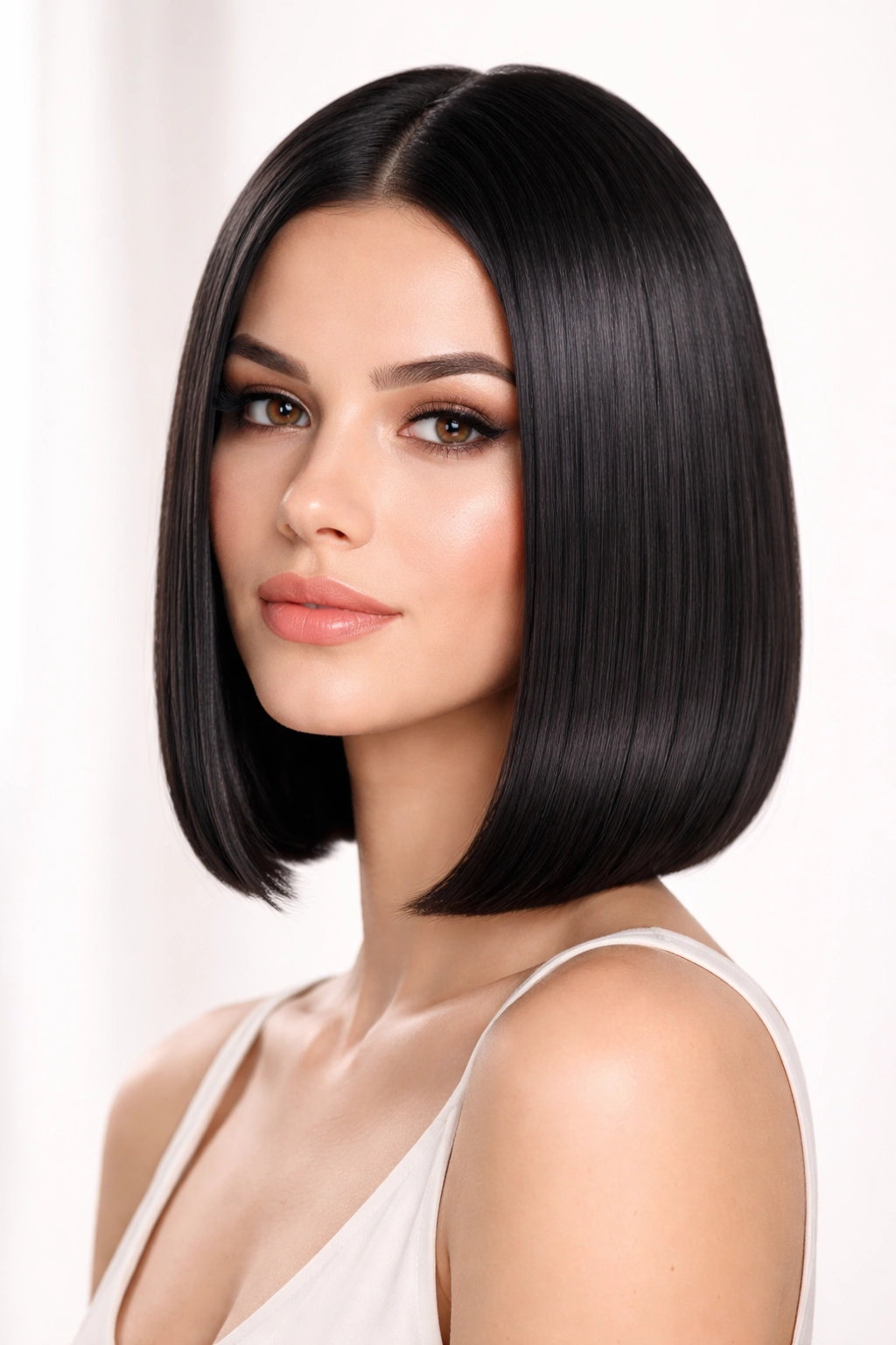 Straight sleek bob with a glossy, blunt cut.