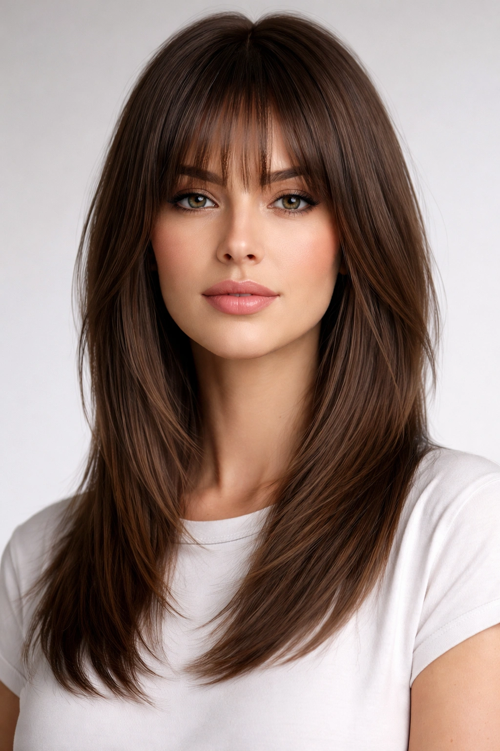 15 Medium Shag Styles That Are Easy To Keep Up 9 Portrait of a straight-haired person with a sleek, layered shag showing smooth texture and shine.