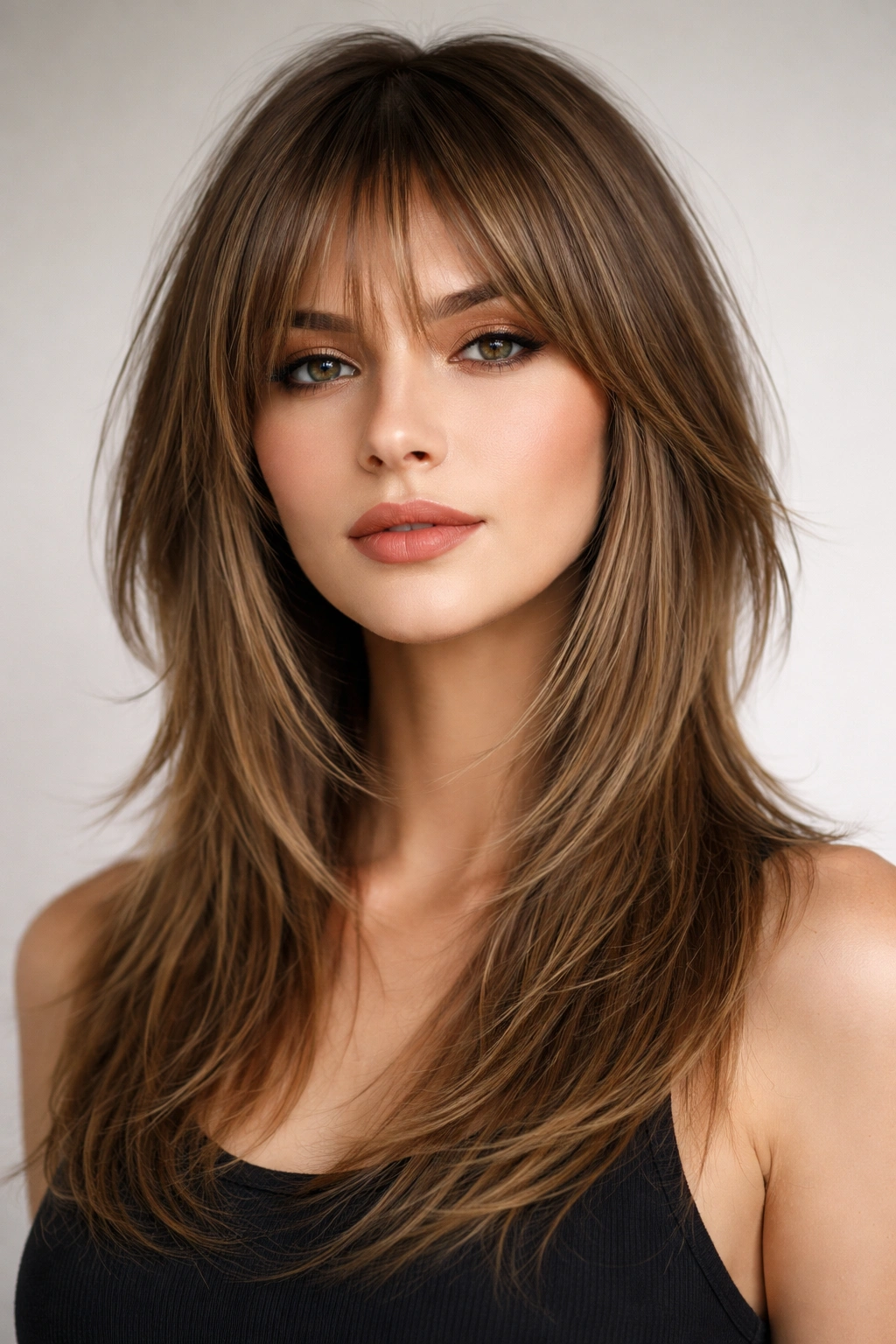 Full-face portrait of a person with straight Wolf Cut showing crisp, defined layers.