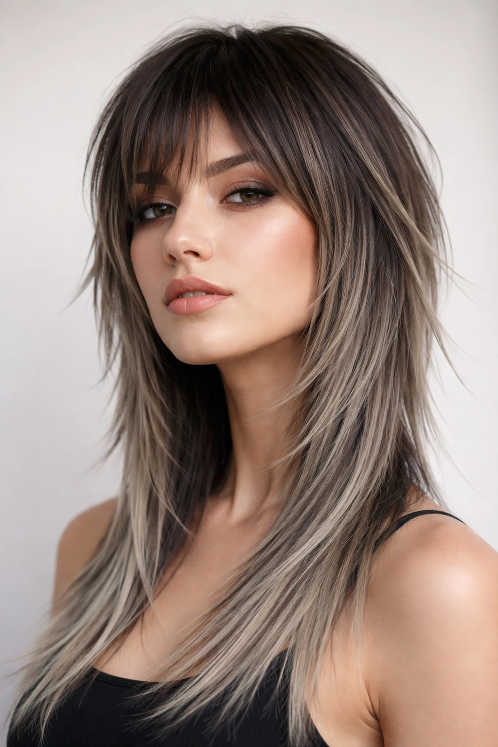 Straight wolf cut with sleek texture and precise layered lines