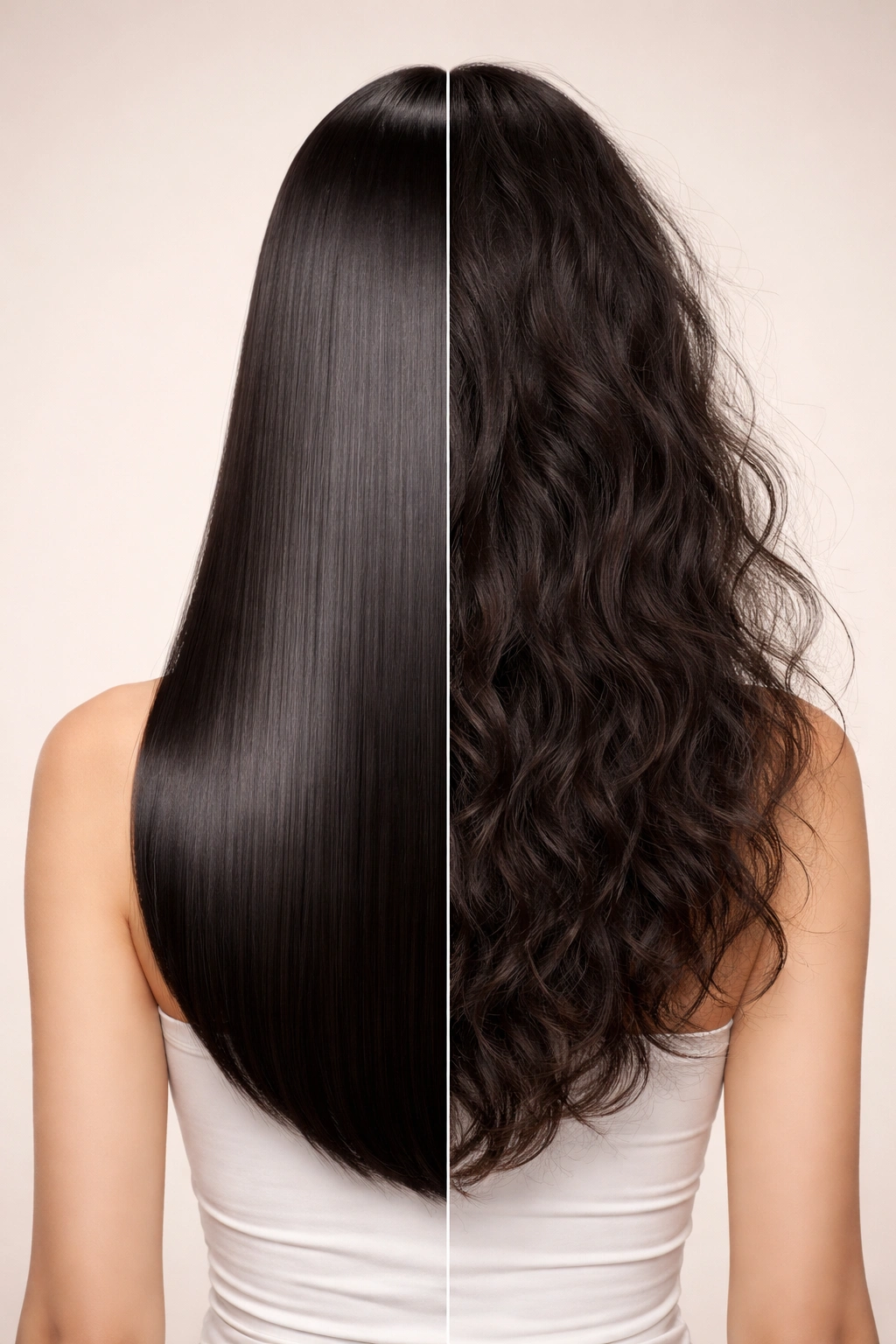 Hair split showing straightened vs natural texture to compare treatments.