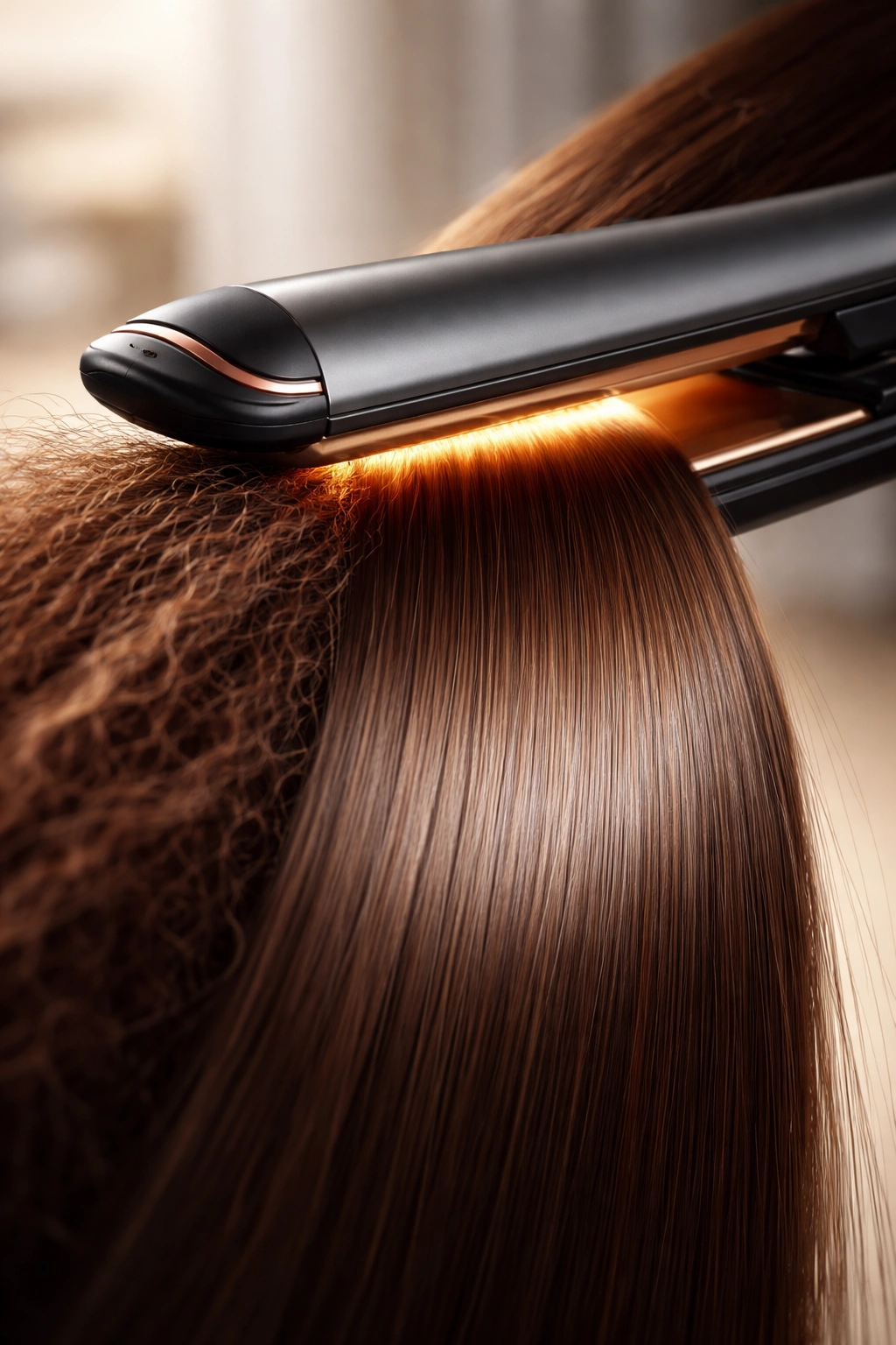 Flat iron straightening a thick hair strand to show results