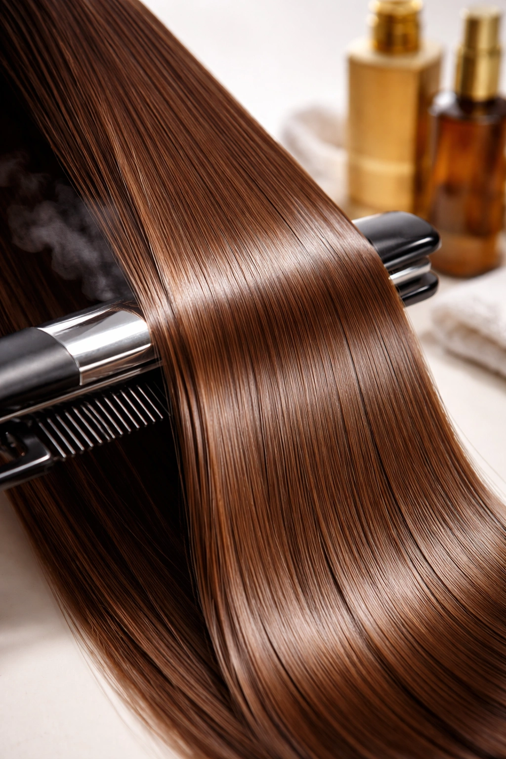Glossy straightened hair strand after treatment