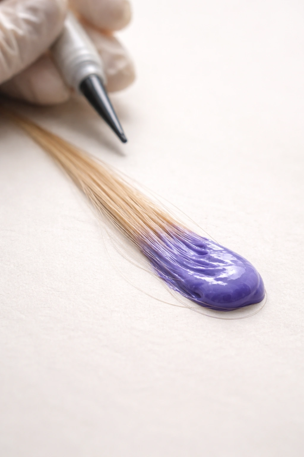 Hair strand with dye test applied on neutral background