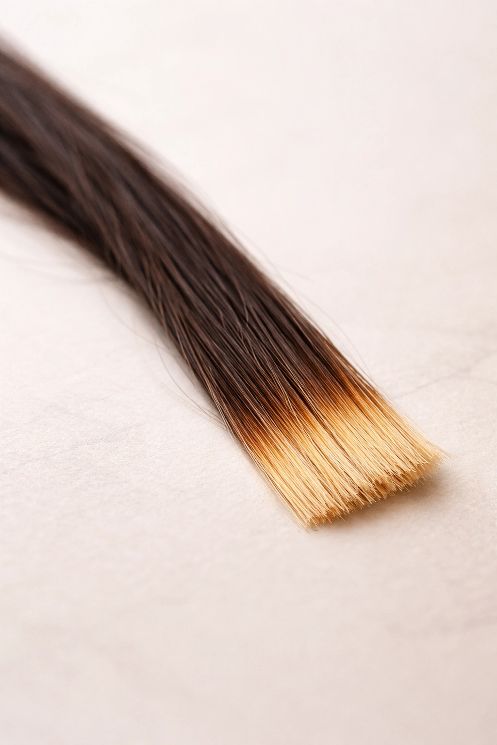 Close-up of a hair strand with a color patch to illustrate a strand test for color prevention