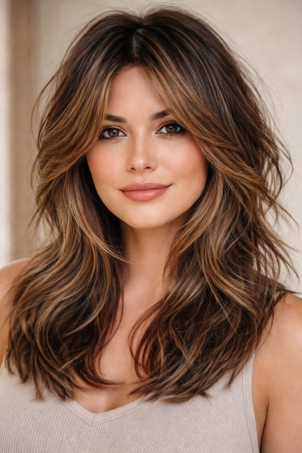 Multi-layered textured hairstyle with movement