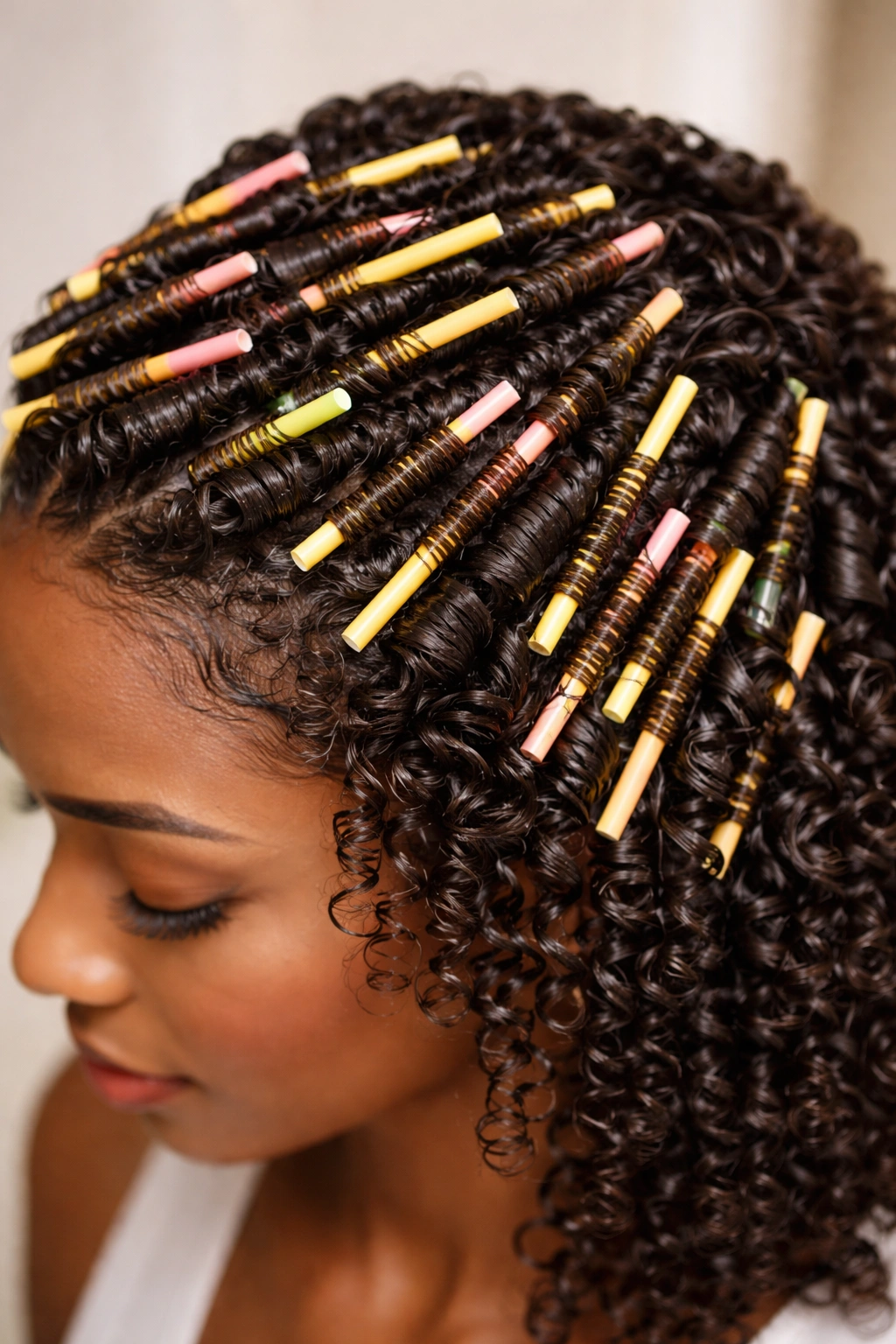 Close-up of damp curls wrapped around straws forming lasting waves