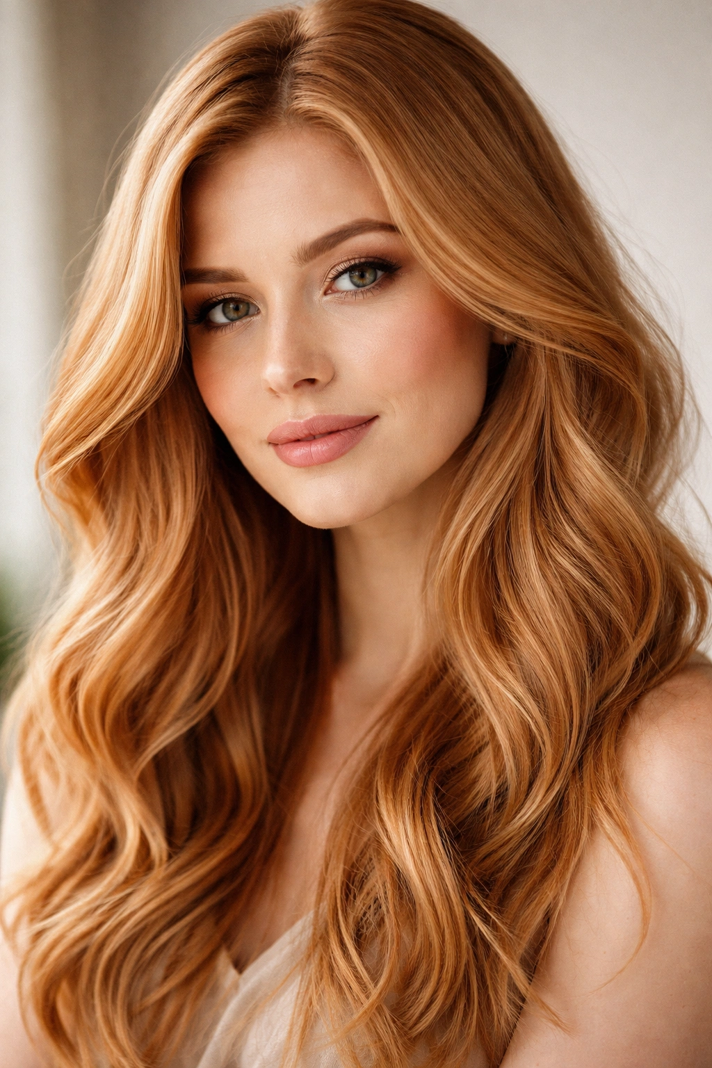 Close-up of dimensional strawberry blonde hair in natural light