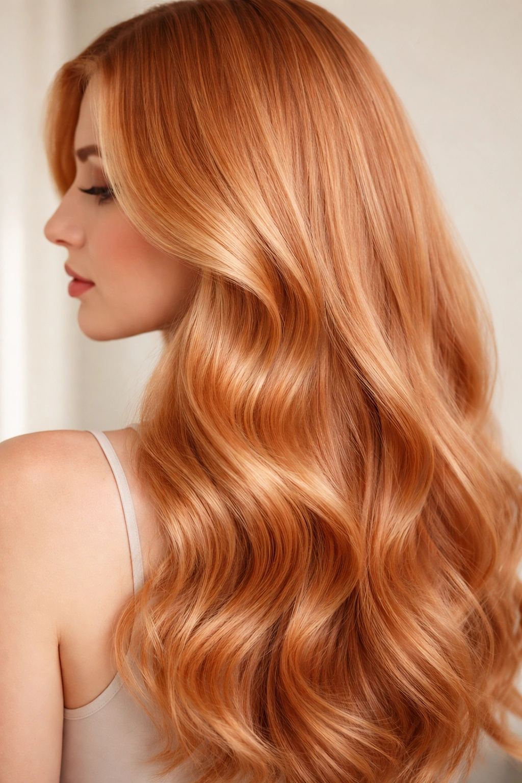 Glossy strawberry blonde hair with refreshed warm tones.