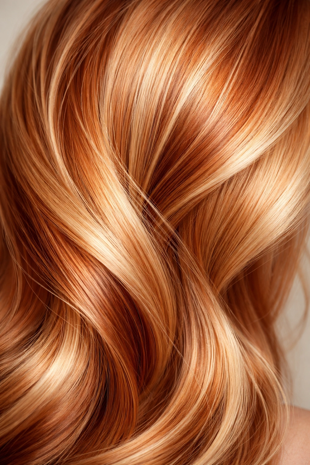 Close-up of strawberry blonde hair with warm copper undertones and multidimensional shine.