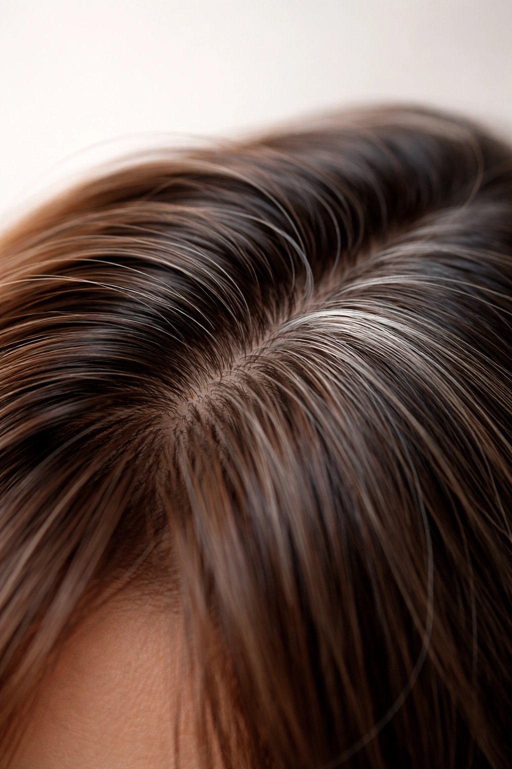 Close-up of a few gray hairs on the scalp highlighting stress-related graying