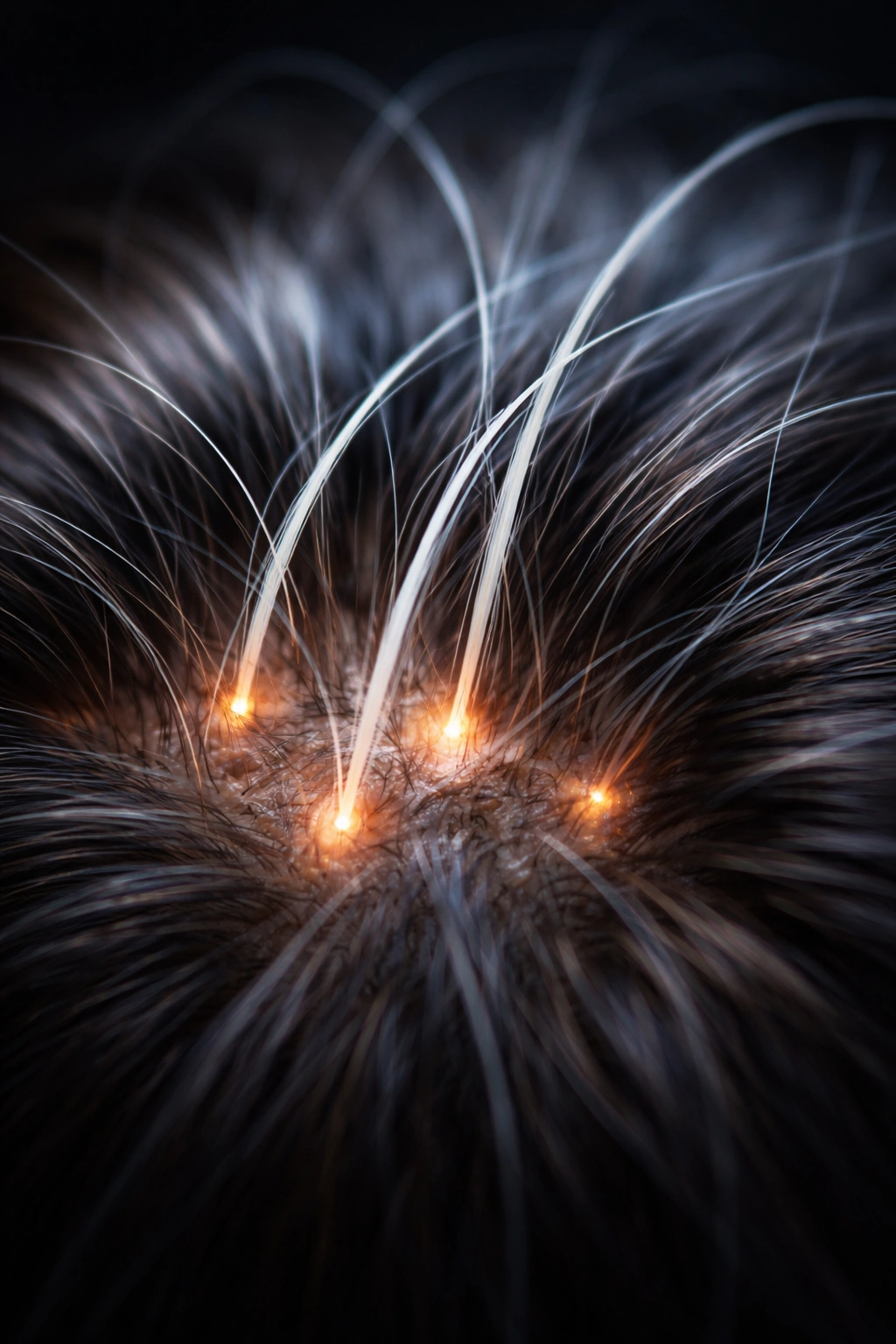 Scalp close-up showing stress-related graying with gray hairs