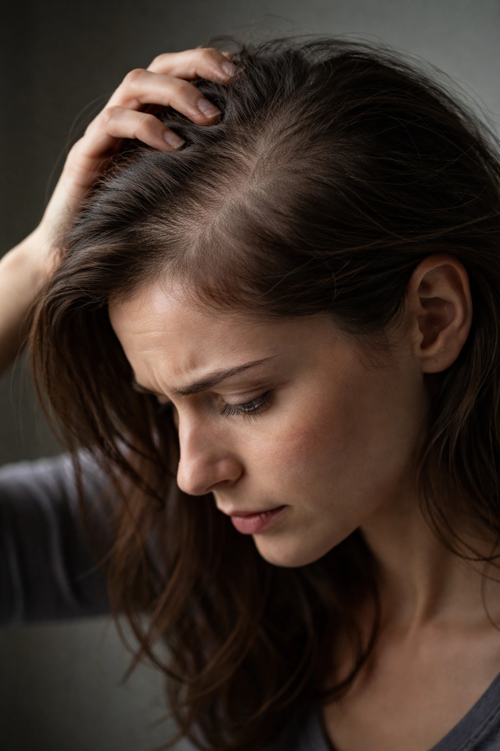 Profile view of head with crown thinning related to stress.