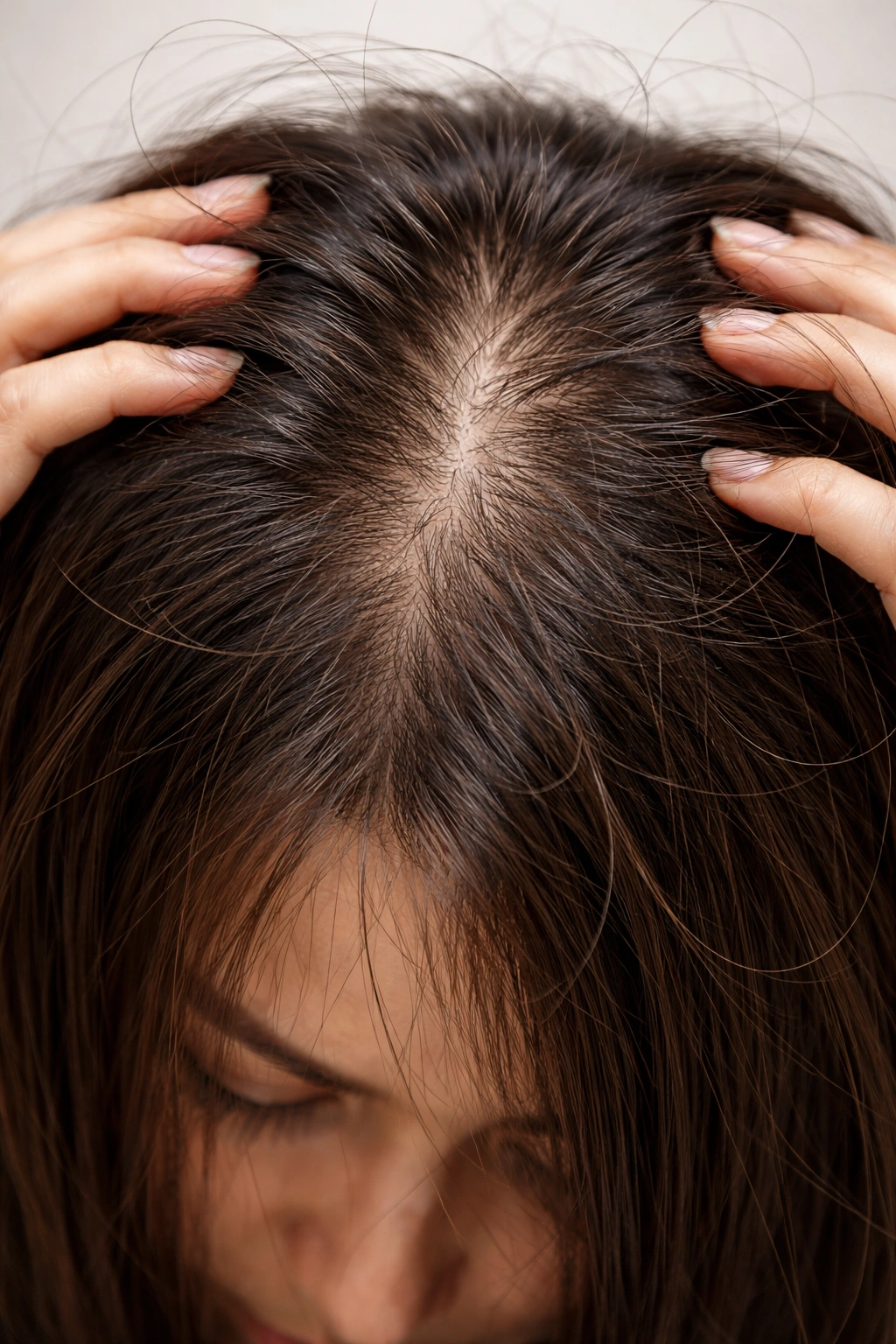 Scalp close-up with shedding hair indicating stress-related hair loss