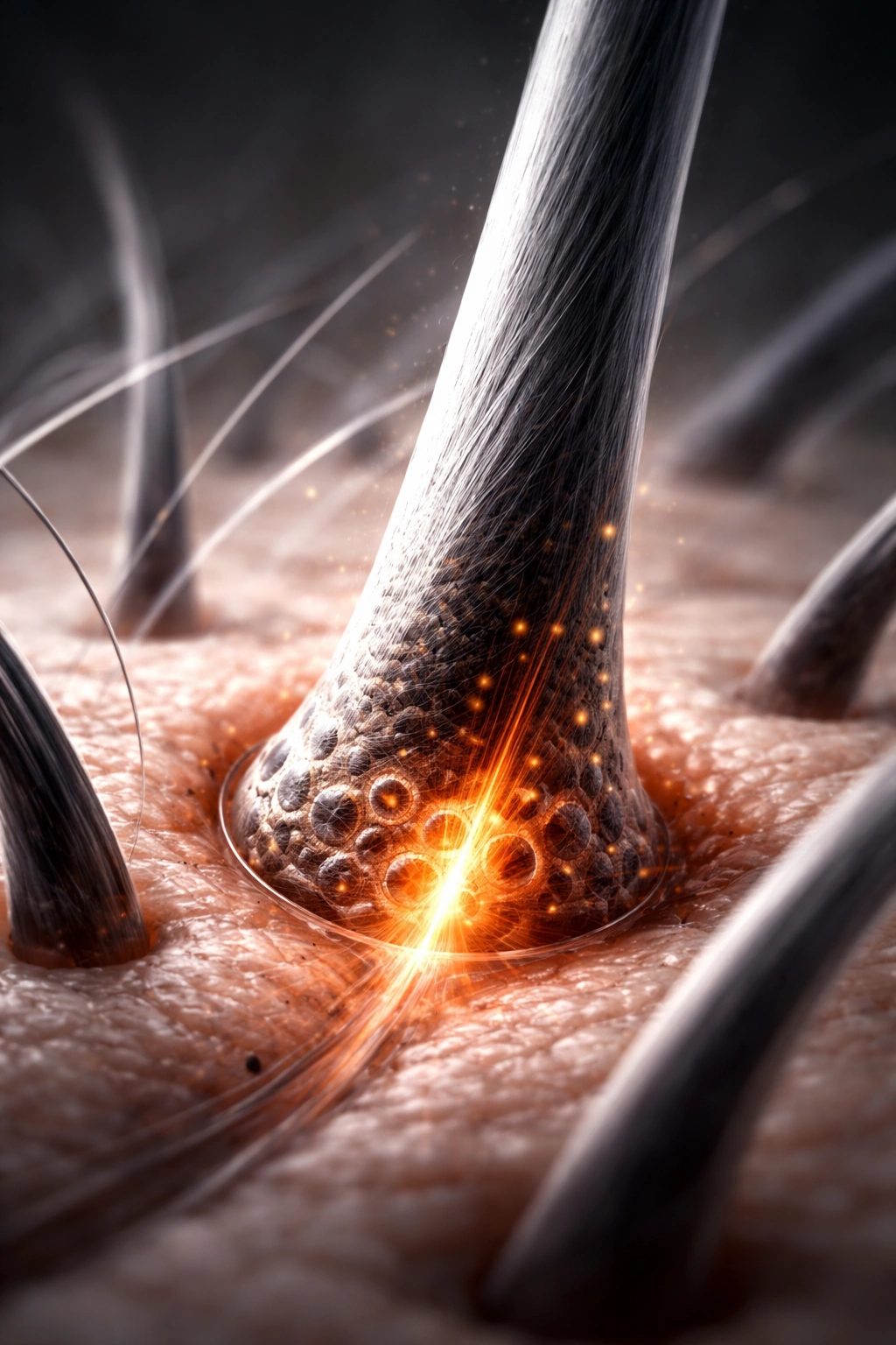 Scalp hair follicle showing reduced pigment due to stress