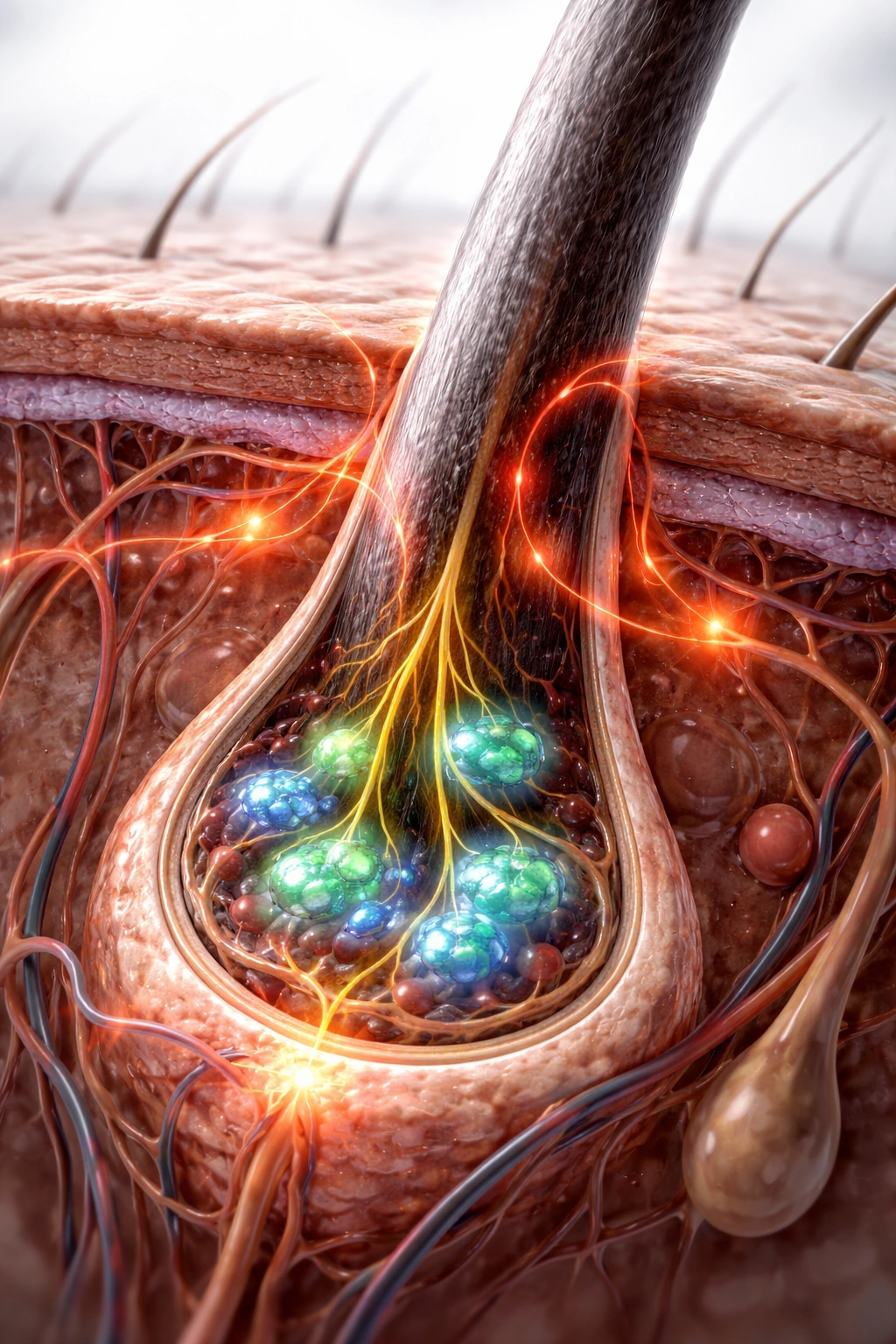 Cross-section of a hair follicle showing stress-related signaling affecting pigment cells