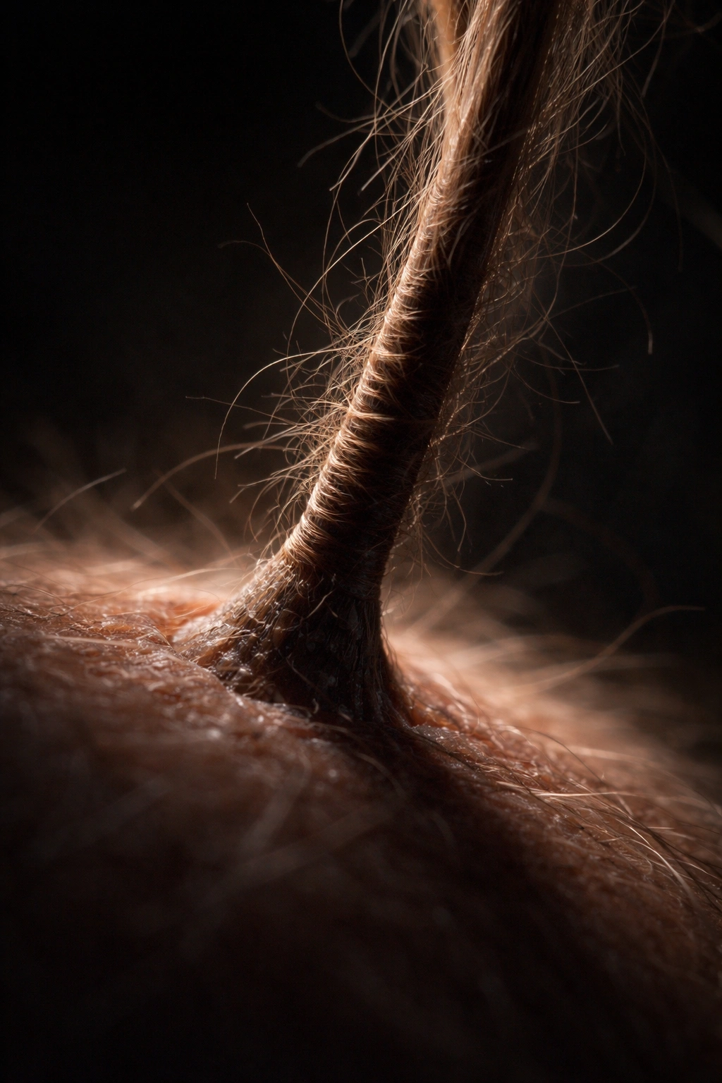 Hair strand under low-key lighting showing frizz to imply stress effects
