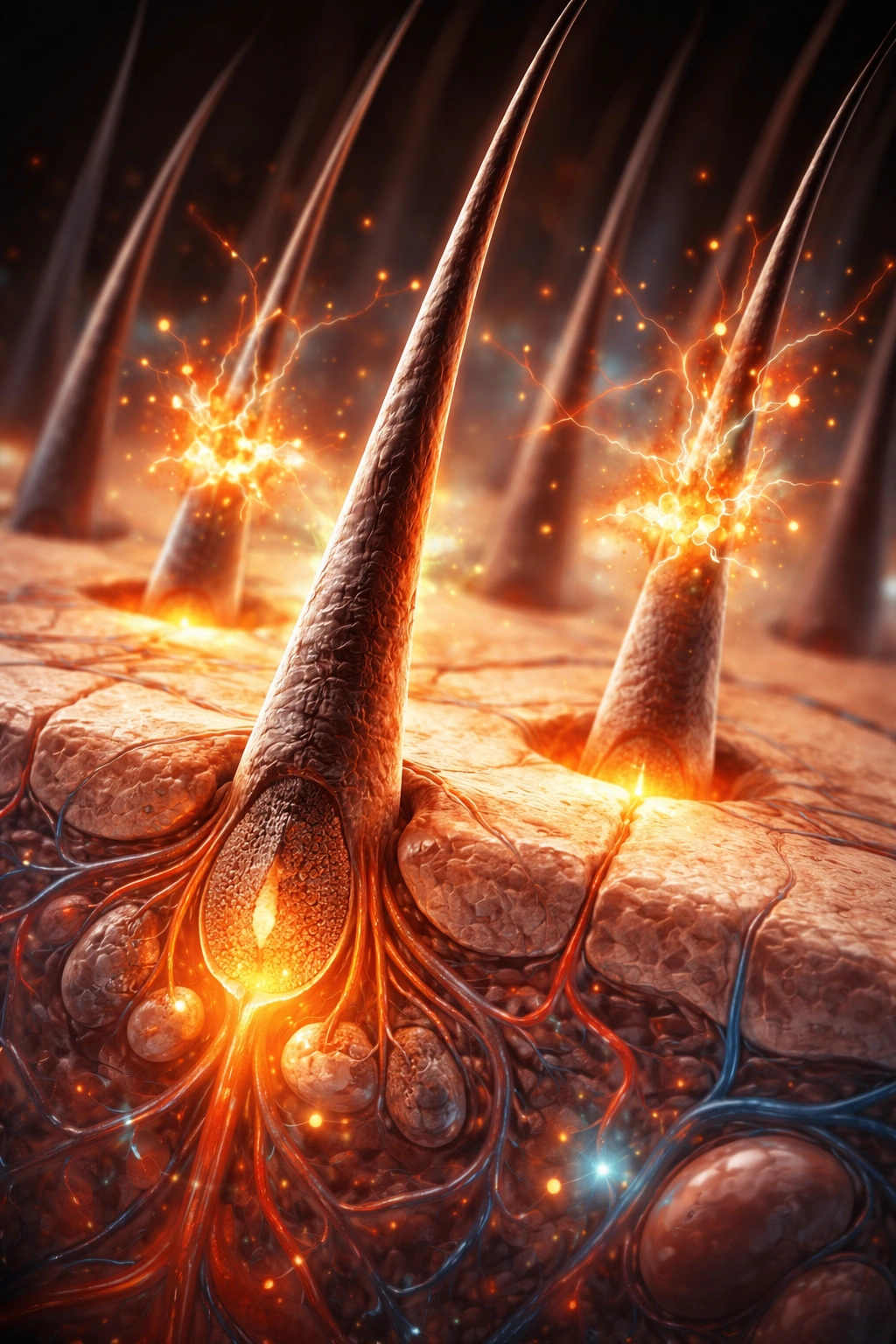 Scalp macro shot highlighting hair follicles under stress context