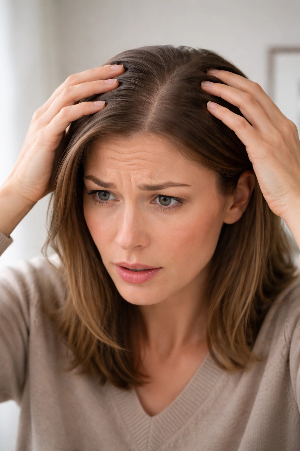 Person touching scalp with worried expression, hair thinning at crown