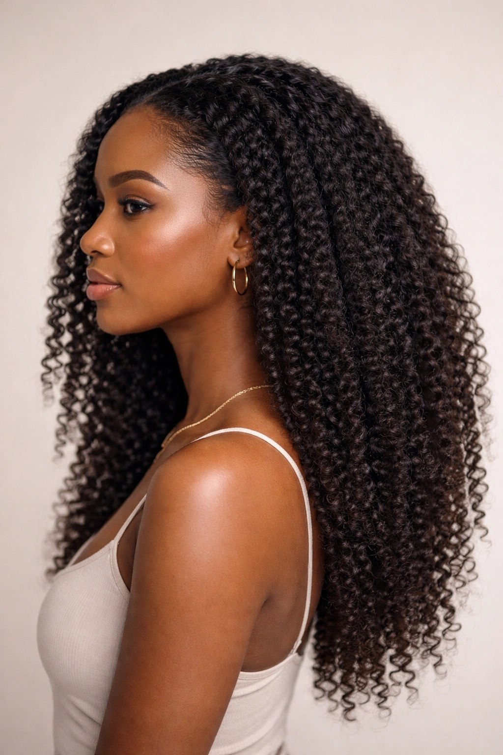 Side profile of stretched curls with extended length and soft volume
