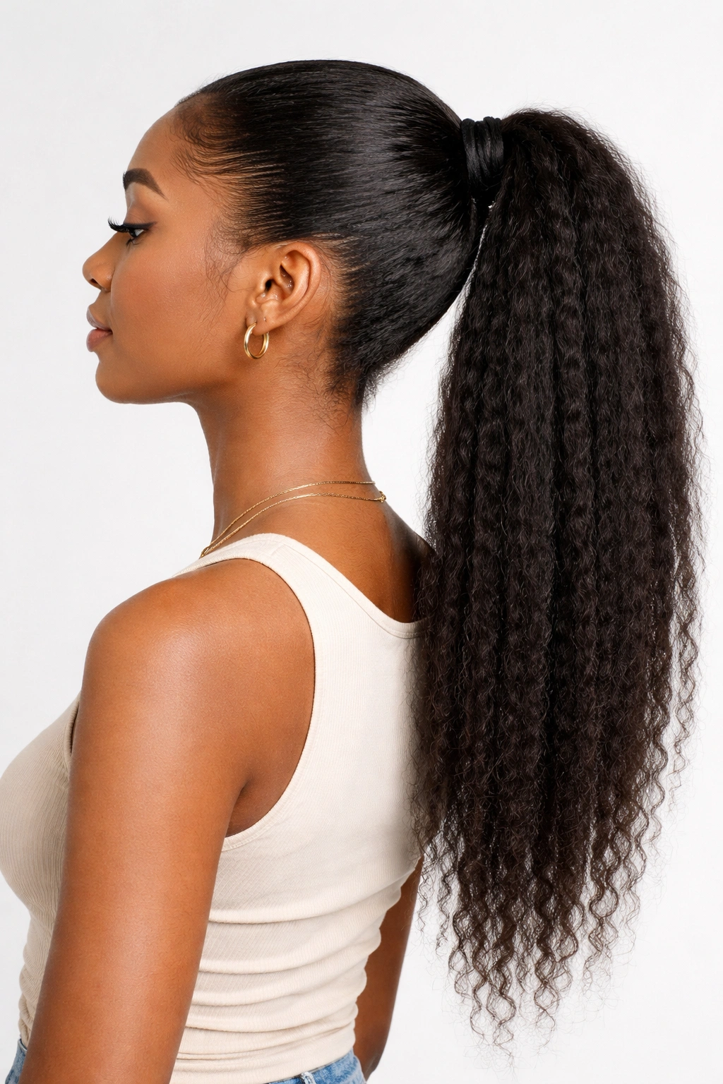 Stretched ponytail showing length and texture