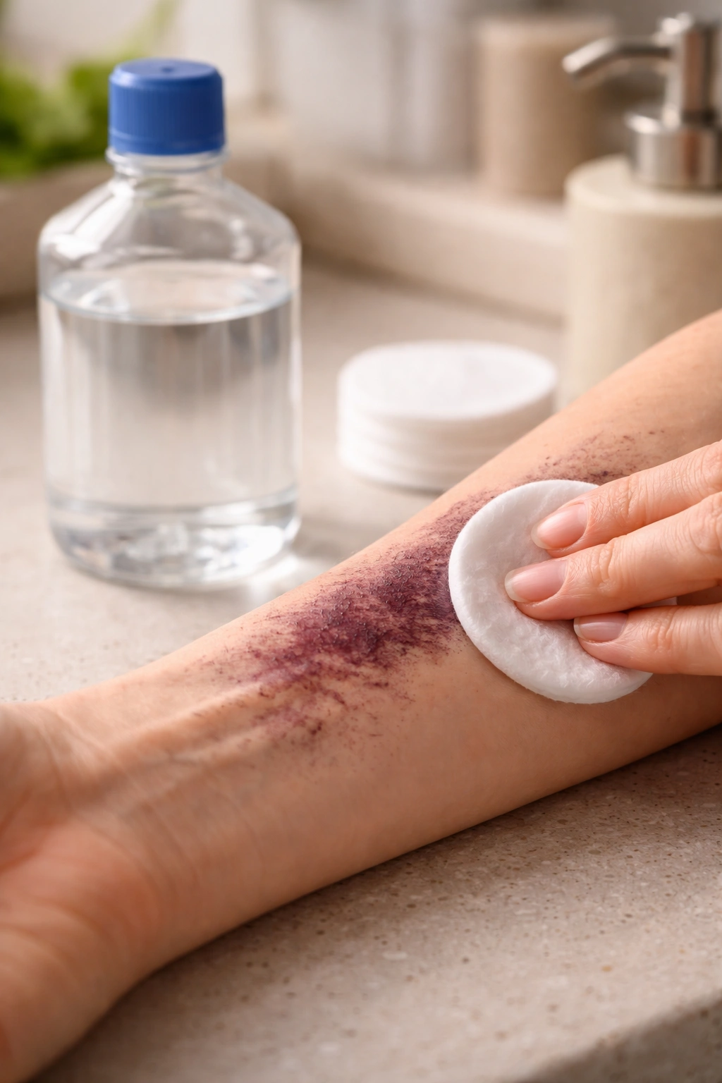 Close-up of stained skin being treated with rubbing alcohol using a cotton pad