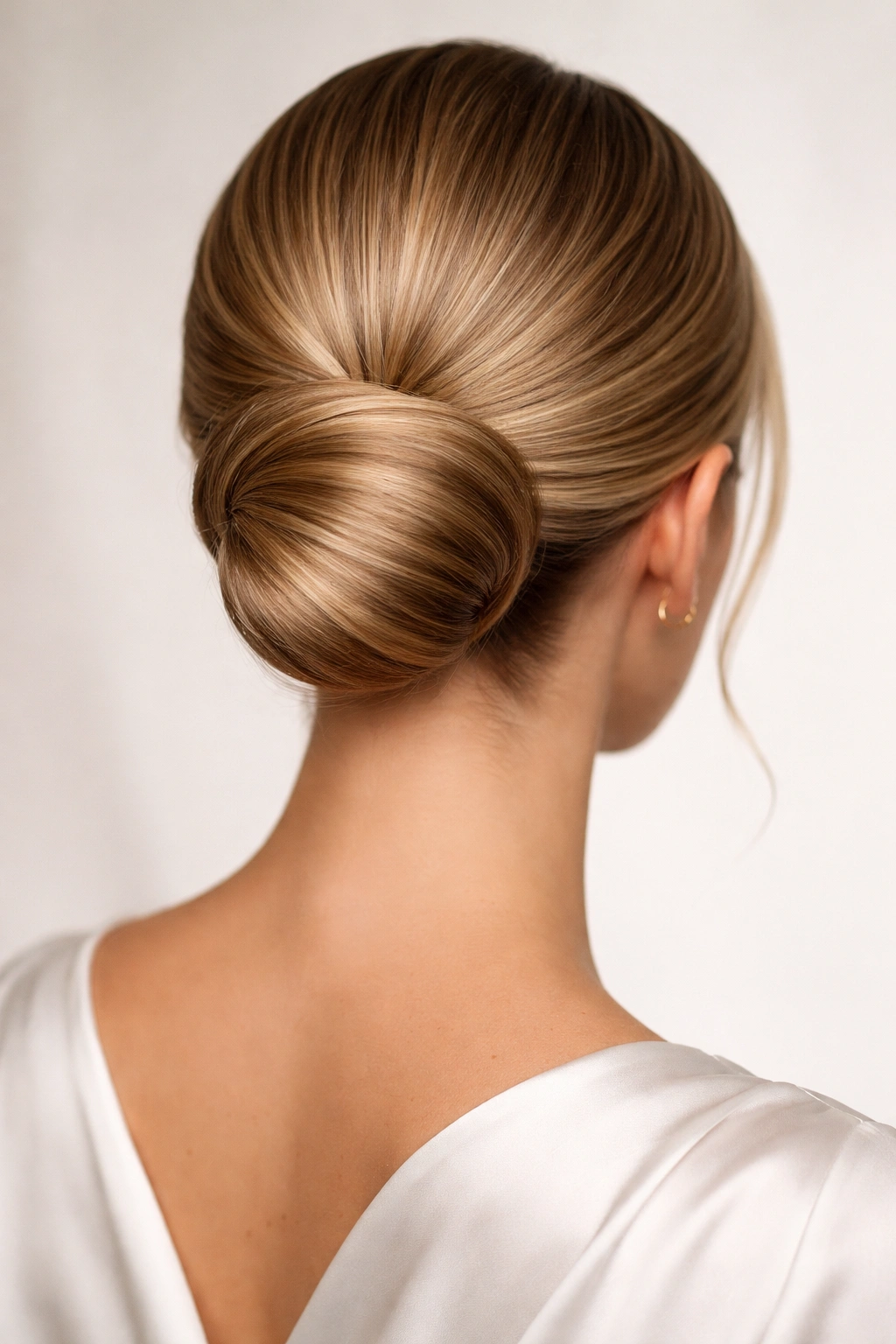 Back view of a tightly coiled structured chignon at the nape of the neck
