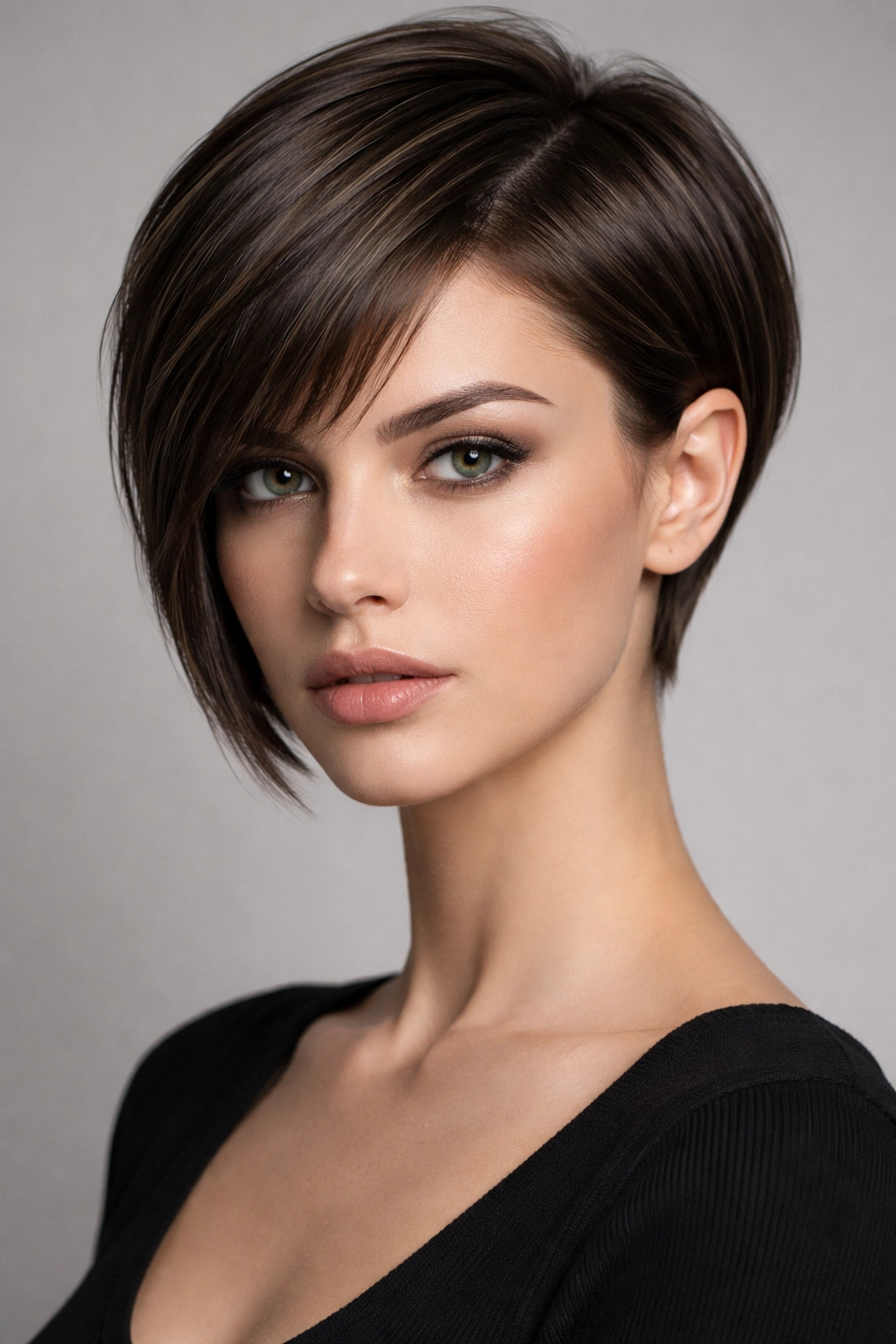 Close-up of a structured chin-length crop showing crisp geometric lines and sculpted silhouette