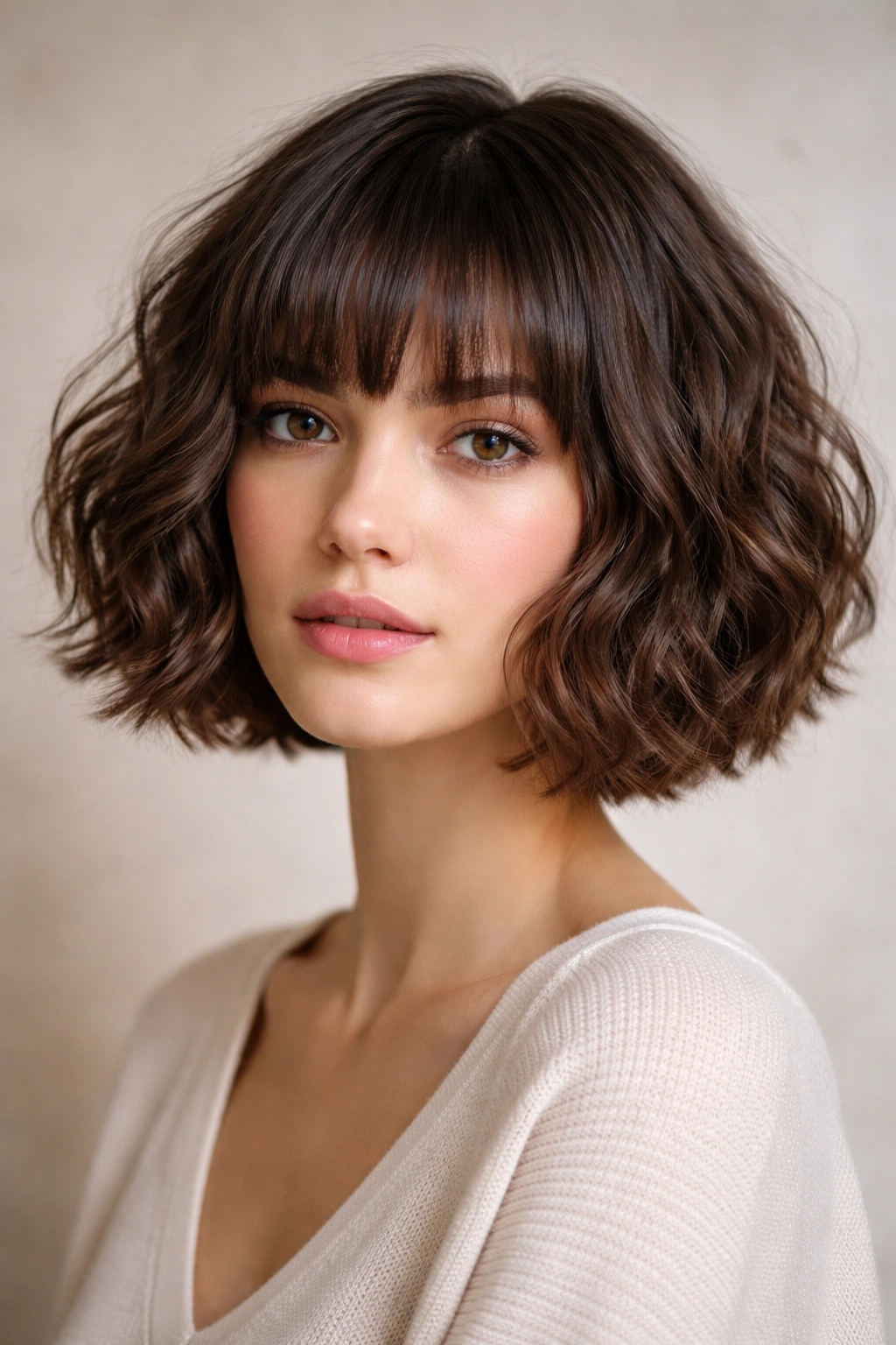 20 Curly Bob Haircuts That Flatter Every Face 7 Close-up of chin-length structured curly bob on straight to wavy hair in studio lighting