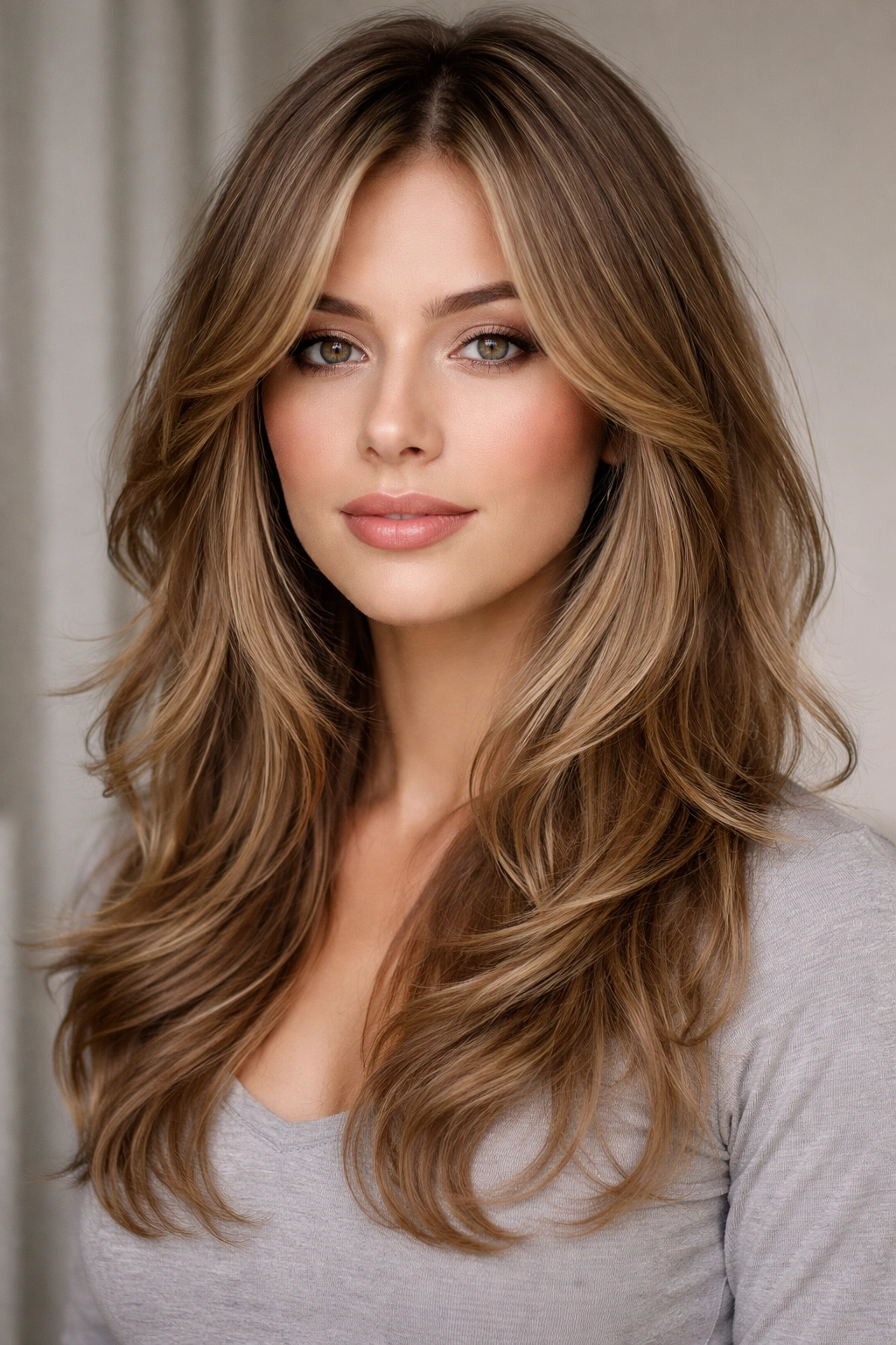 Face-framing layers around the face with longer hair at back