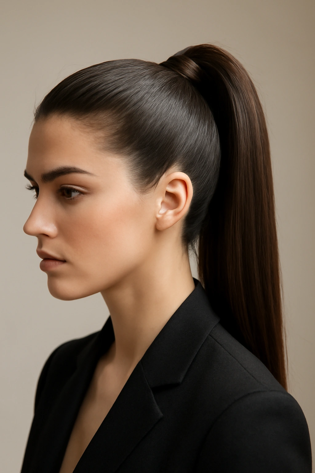 10 Hairstyles That Instantly Elevate Any Blazer Outfit 3 Close-up of Structured High Ponytail hairstyle with high-volume ponytail in a blazer-ready portrait