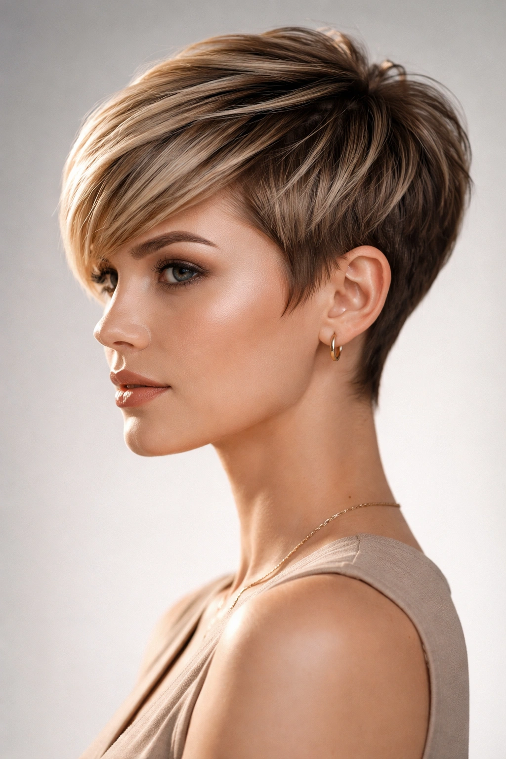 Close-up of a sculpted pixie with defined layers and geometric angles, studio lighting.