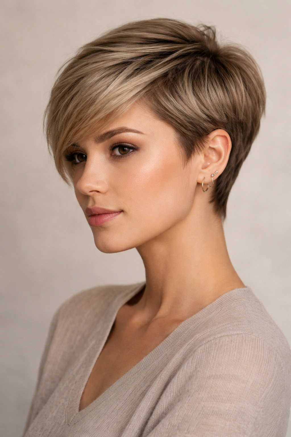 Portrait of structured pixie with longer sides against studio backdrop