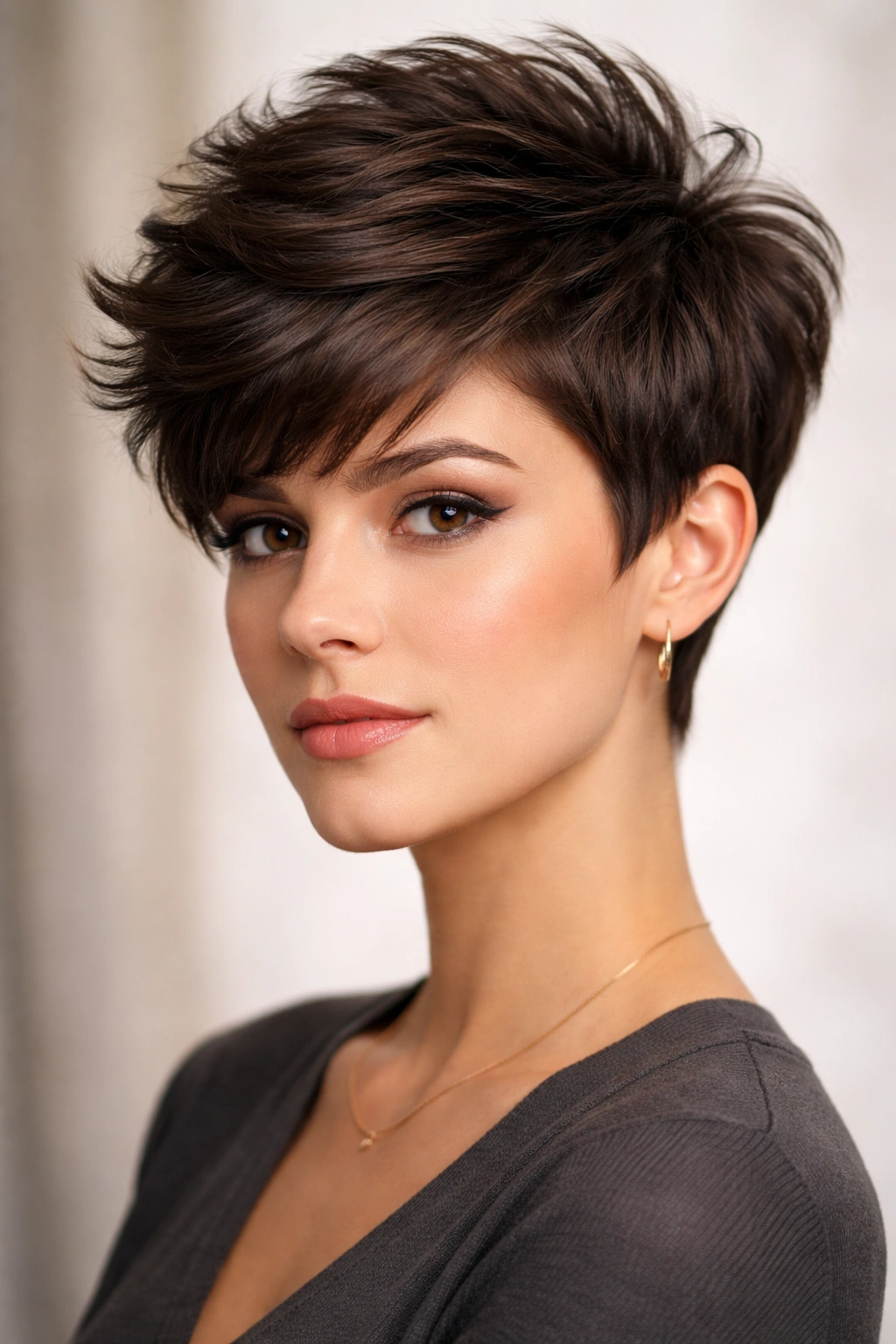 Close-up portrait of a model with a structured pixie and volume on top.
