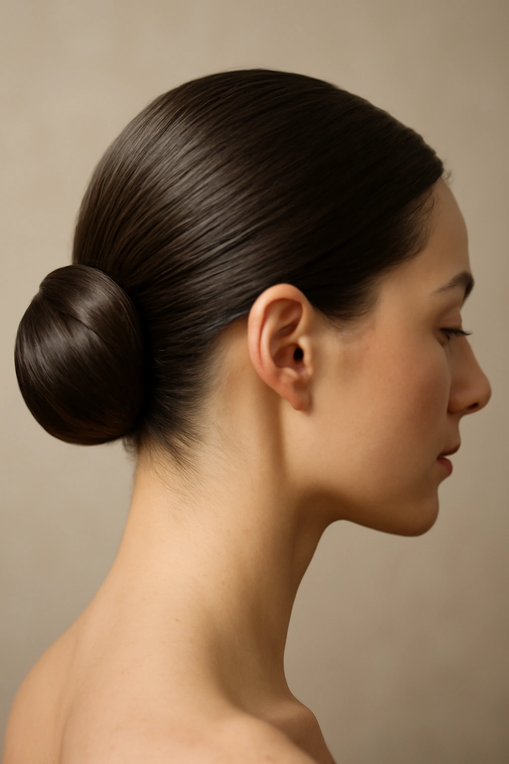 18 Wedding Styles From Polished Updos to Soft Waves 13 Close-up of a sleek structured side bun with a glossy finish
